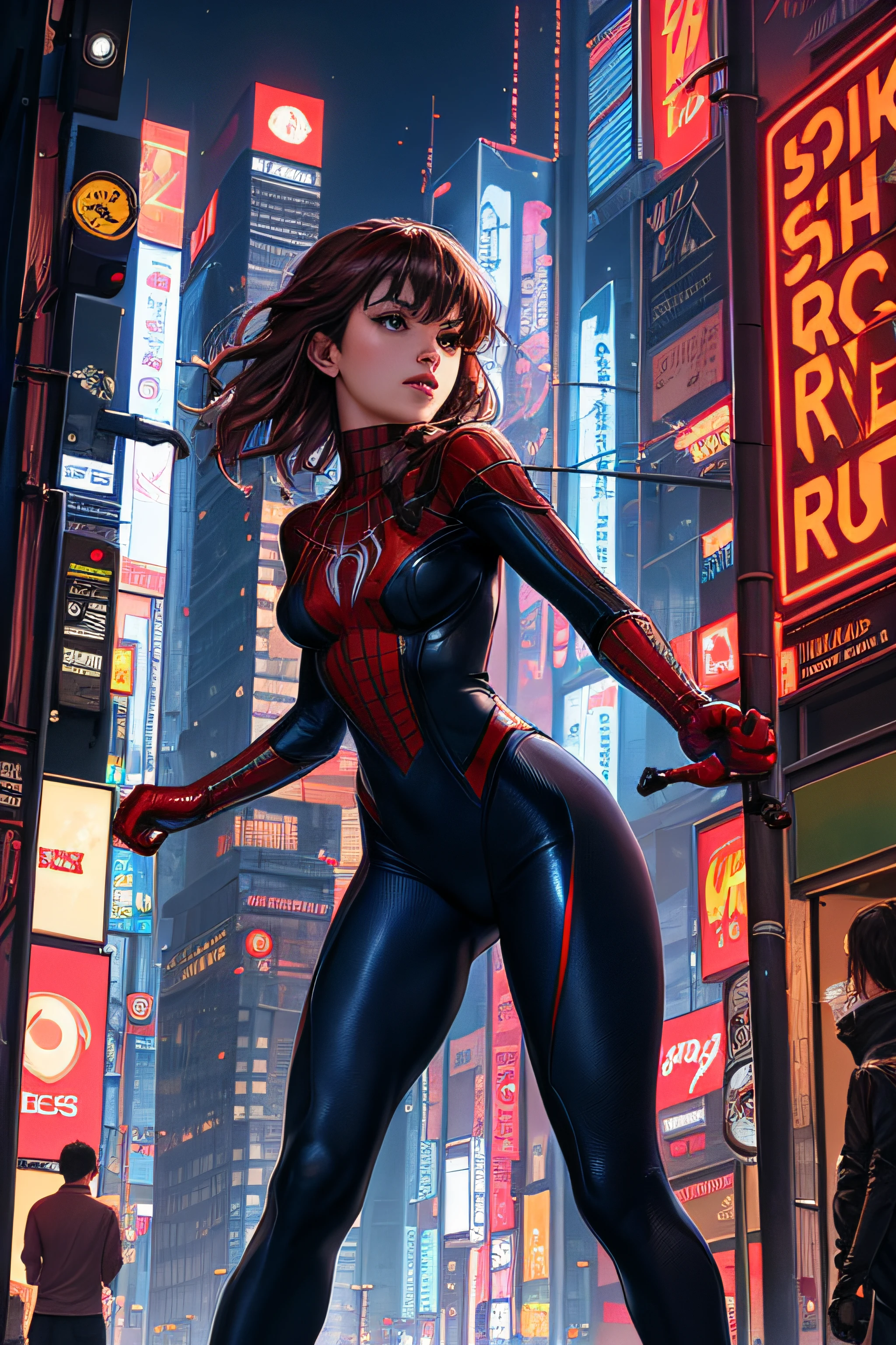 A beautiful 20-year-old girl dressed as Spider-Man, Running in a cyberpunk-type city with lots of signs lit up with spider webs coming out of your hands, Luis Royo Style