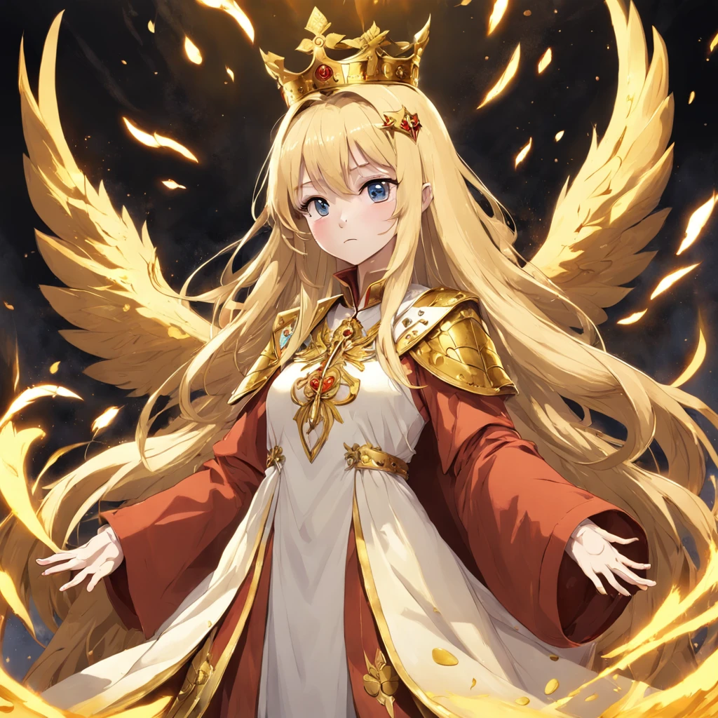 The female pope wears a golden crown and a phoenix robe,holding a phoenix scepter and a magic bok. She is surounded by a dazling display of gold coins and has long golden hair