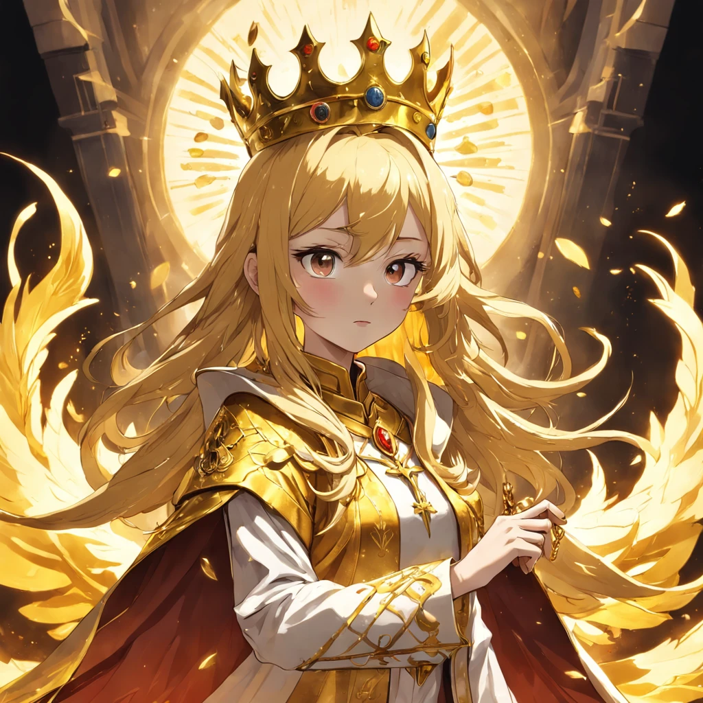 The female pope wears a golden crown and a phoenix robe,holding a phoenix scepter and a magic bok. She is surounded by a dazling display of gold coins and has long golden hair