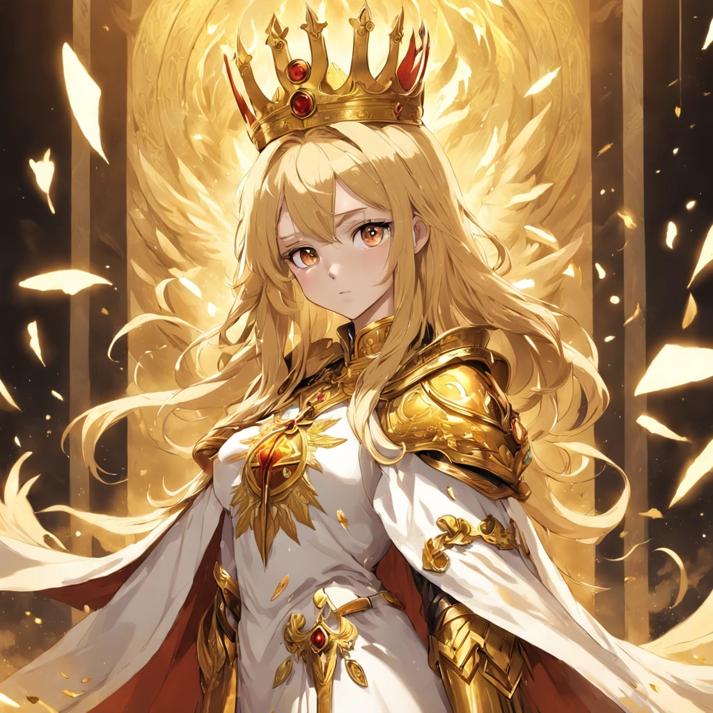 The female pope wears a golden crown and a phoenix robe,holding a phoenix scepter and a magic bok. She is surounded by a dazling display of gold coins and has long golden hair