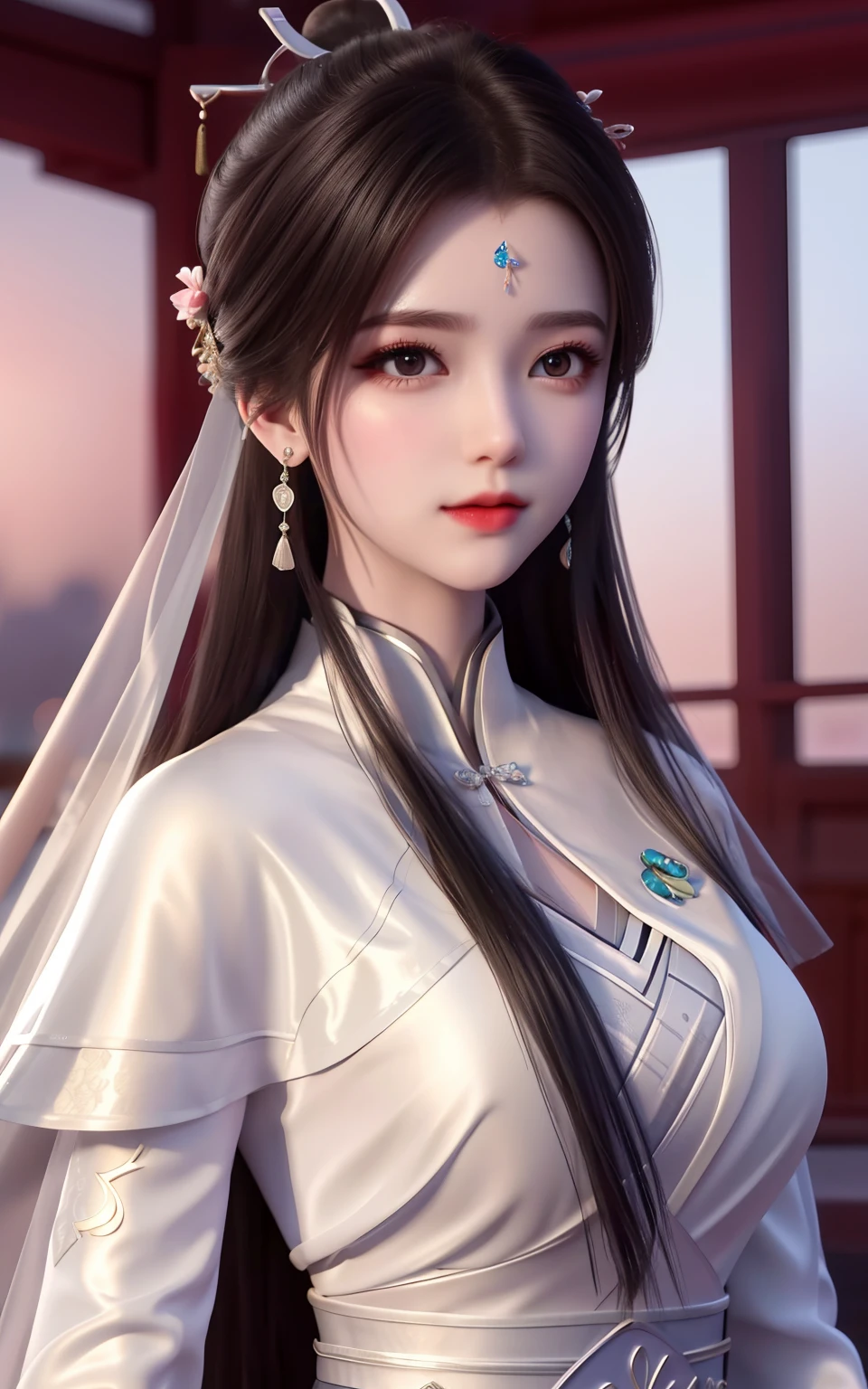 best qualtiy， tmasterpiece， A high resolution， 1girl，Chinese wedding dress，hair adornments，choker necklace，jewely，beauitful face，upon_body，Tyndall effect，realisticlying，dark studio，edge lit，twotonelighting，（highdetailskin：1.2），8k UHD，digital SLR camera，gentle illumination，high high quality，Volumetriclighting，Frankness，photore，A high resolution，4k，8k，bokeh，huge tit