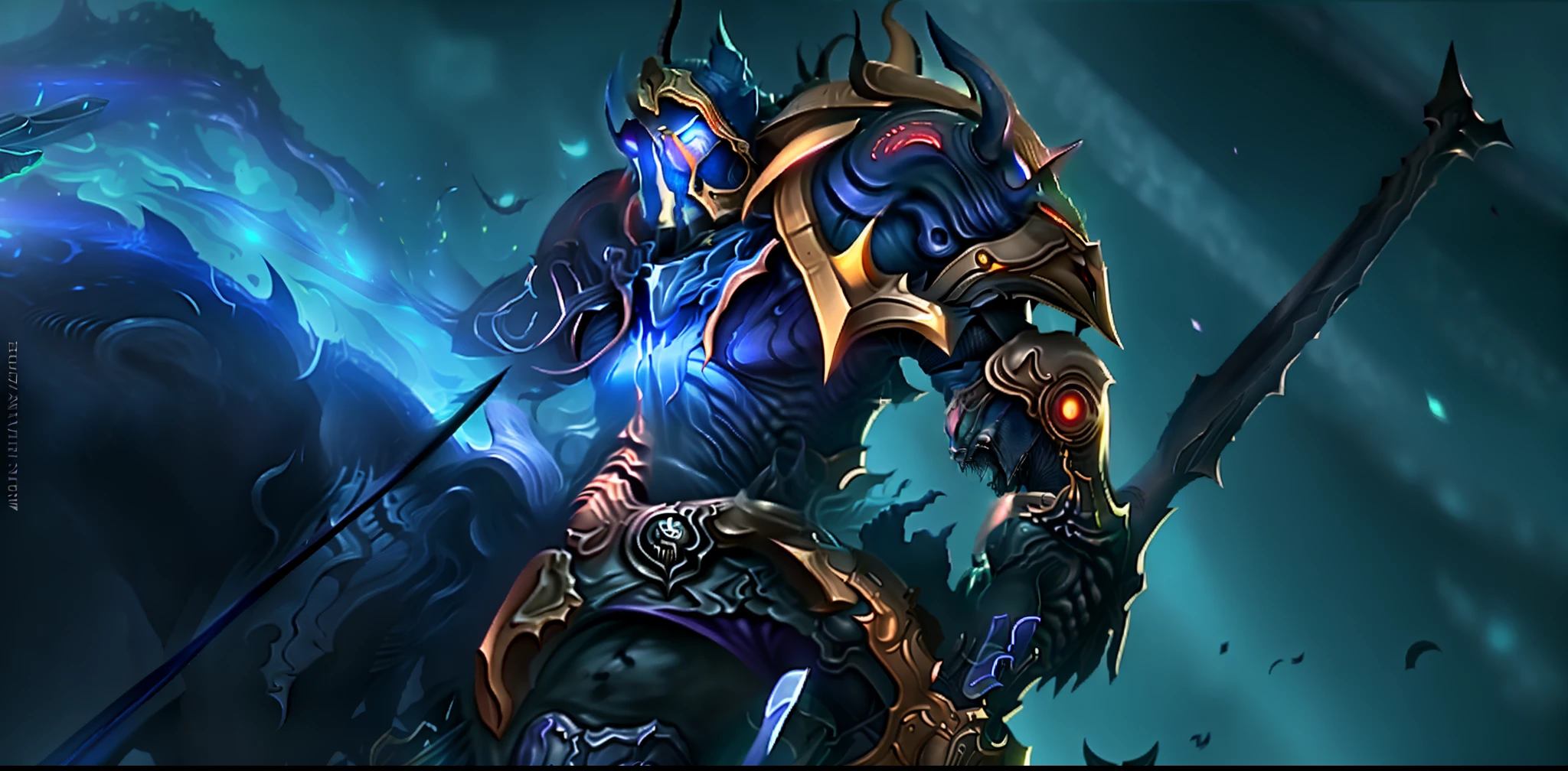 um close up de uma pessoa em um cavalo com uma espada, heroes of the storm splash art, Warwick Santo, Arte Splash, Splash Art Oficial, 8 K HD WallpaperArtefato jpeg, 8k hd wallpaperjpeg artefato, nasus, cavaleiro da morte, League of Legends arte splash, Raziel IRL, Jayce Arcano, cavaleiro da morte