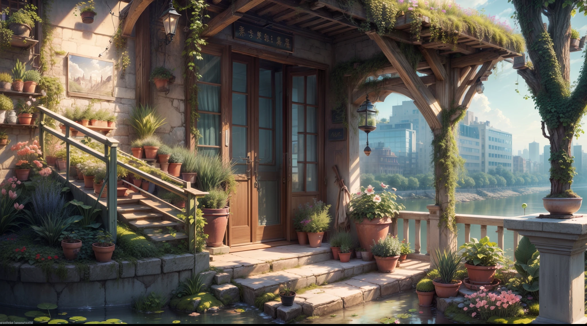 (micro-landscape:1.5),(best quality), ((masterpiece)), (highres), illustration, original, extremely detailed wallpaper, no humans, window, scenery, plant, water, potted plant, outdoors, building, door, house, flower pot, day, lily pad, chair, flower, table, stairs, watermark, hat, tree, sunlight, pond, grass, indoors, reflection, lamp, balcony, black headwear, bush, sky, railing, desk, open window, shelf, leaf, book, web address, copyright name, ladder, architecture, shadow, solo, dated, vines, vase, city, cafe, lantern, bucket, ruins, bench, shop, signature, moss, boat, barrel, river,