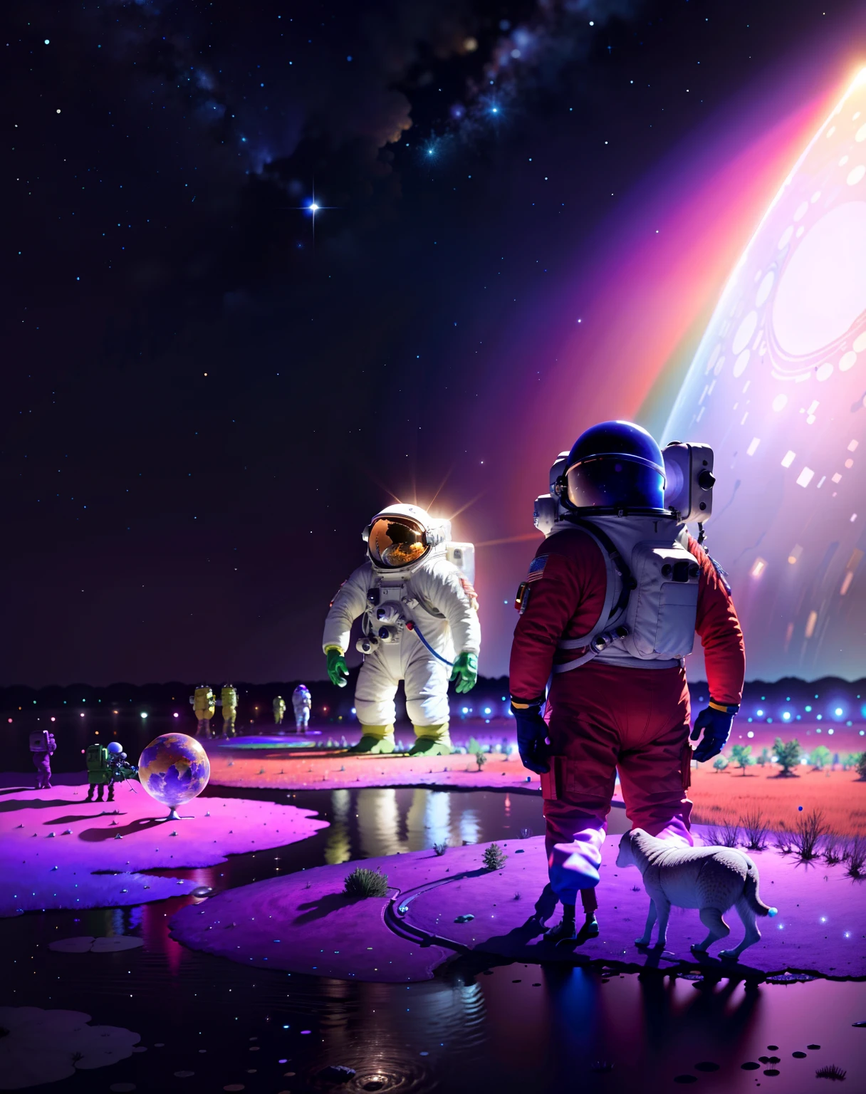 Astronaut in a field of colorful lights,Sparkling, The swamp is above, Buble, The astronauts are colorful, and there's an Earth behind them, and the astronauts are tall and powerful