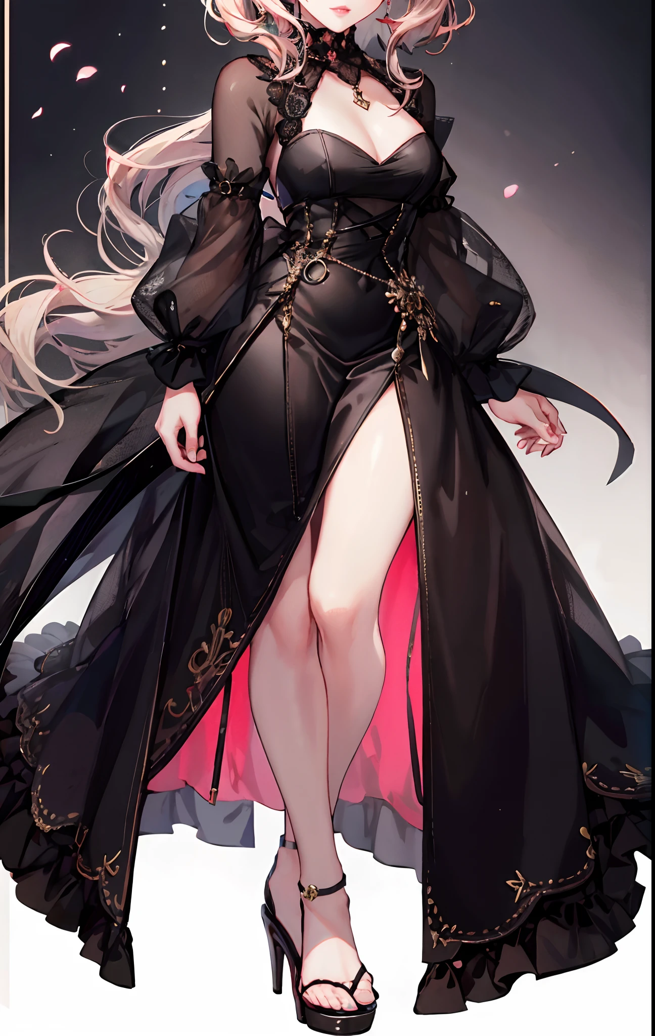 1 noblewoman,a matural female,Black dress long dress,Black stockings beautiful legs+,heeled sandals,Pink White Long Hair, Perfect body, s the perfect face, perfect hand, Perfect Finger, Perfect lips, perfect eyes, Perfect background