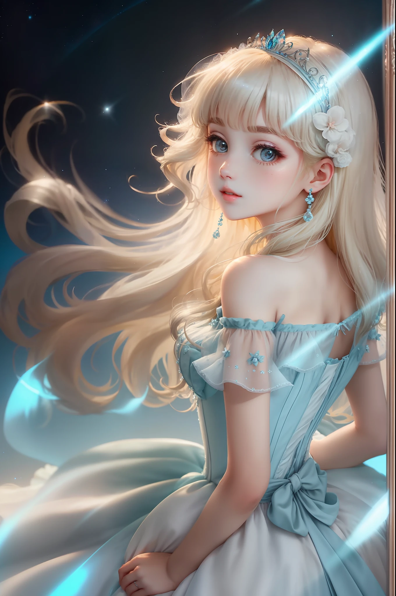 Princess A Princess Soft Best quality in good style(Highest Quality) , High quality(hiquality) Light blue fluffy dress blonde with soft hair corolla long The whole body is reflected A wonderful atmosphere with very delicate tones