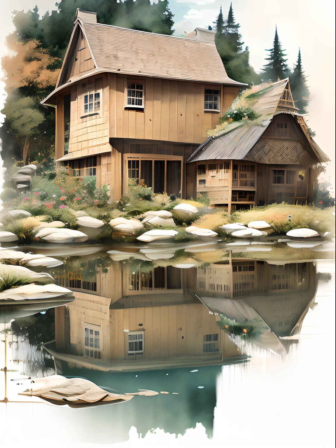 World Tree，florals，rios，Huge watermill , [(White background:1.5)::5], Medium Shot Shot, butterflys,Petals floating in the water,steins,Cloud,setting sun,Dusk,setting sun，House under the tree