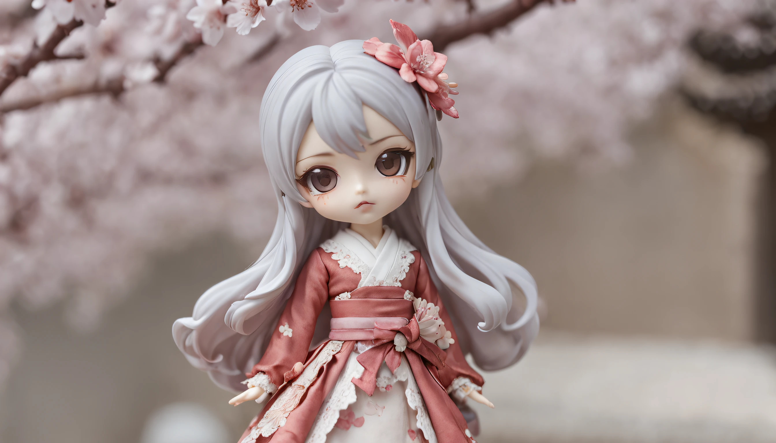Doll standing in front of painting, angry face, Sengai, pixiv, Rococo, Dolfie Dream, watercolor Nendoroid, (high definition figure), flowing cherry colored silk, nendroid, highly_detailed!!, cherry blossom petals, flowing cherry blossom silk, season!!: 🌸 ☀ 🍂 ❄