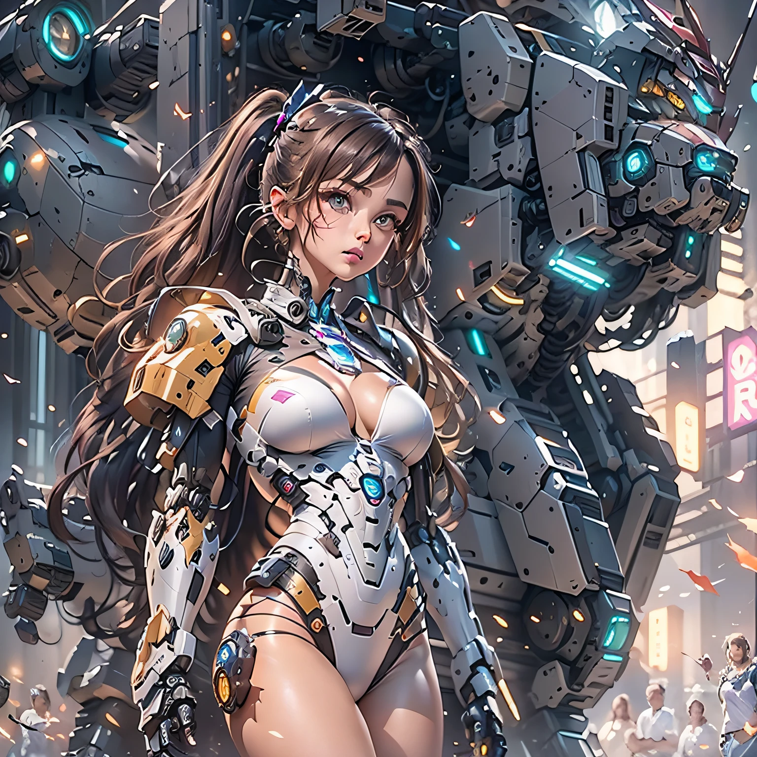 （（tmasterpiece，best qualtiy）），illustration，Ultra-detailed 8K，Clear focus，A highly detailed，Professional lighting，Colorful detailed，A girl and a mech，Beautuful Women，lottalewdsLargeMecha，cranny，with light glowing，with light glowing，Complicated details，（（1girl stands in front of the audience）），（（There is a mech warrior behind him））