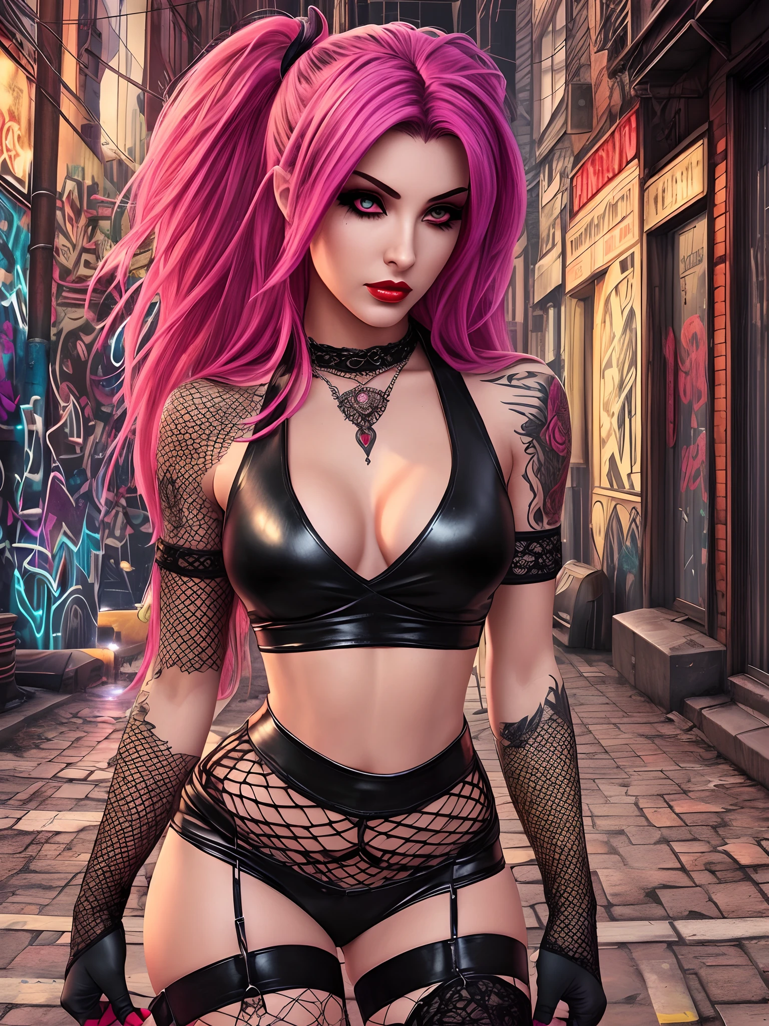 A sensually portrayed 1980s punk succubus with voluminous teased crimson hair, dark winged eyeliner, and ruby red lips. She wears a tight black leather miniskirt, fishnet stockings, and a torn Motley Crue tank top revealing her midriff. Intricate tattoos adorn her arms and thighs. Knee high spike heeled boots accentuate her legs. She stands provocatively in a seedy 1980s alleyway bathed in deep crimson neon from the signs overhead. The scene is rendered in 8K with raytraced global illumination creating reflections on the rain-soaked pavement. Volumetric fog and light beams add depth and cinematic atmosphere. Every detail from the succubus's flawless skin to the graffitied brick walls is crystal clear with ultra-realistic shadows and textures. The depth of field is razor sharp on the succubus's sultry gaze. Motion blur, film grain, and chromatic aberration add to the nostalgic 80s aesthetic. --auto --s2
