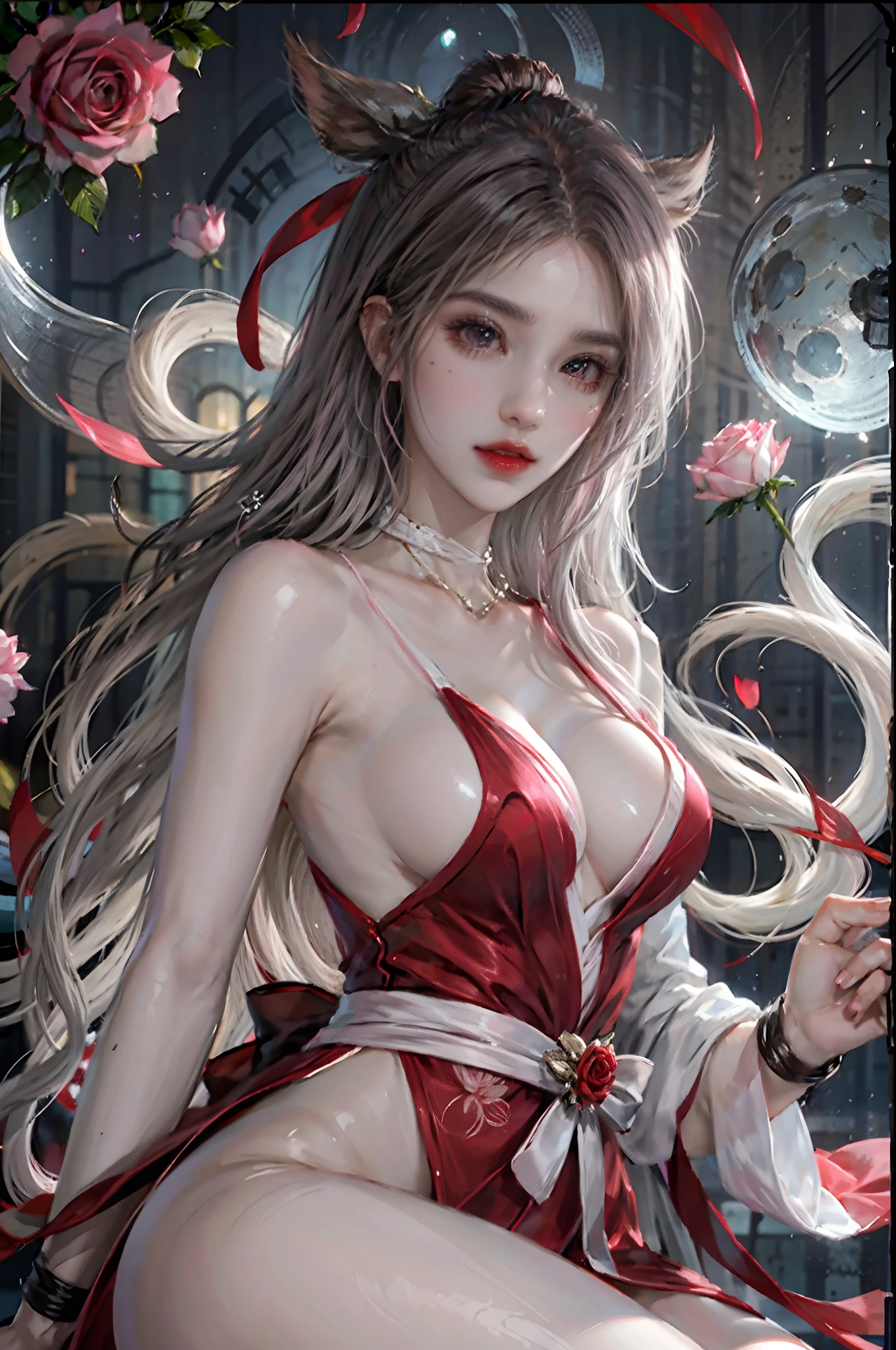 1women, ibaraki kasenx, tabard, naked tabard, sideboob, pink rose, floral pattern, delicate face, deep pink eyes, light smile, mature female, large breasts, moonlit sky
