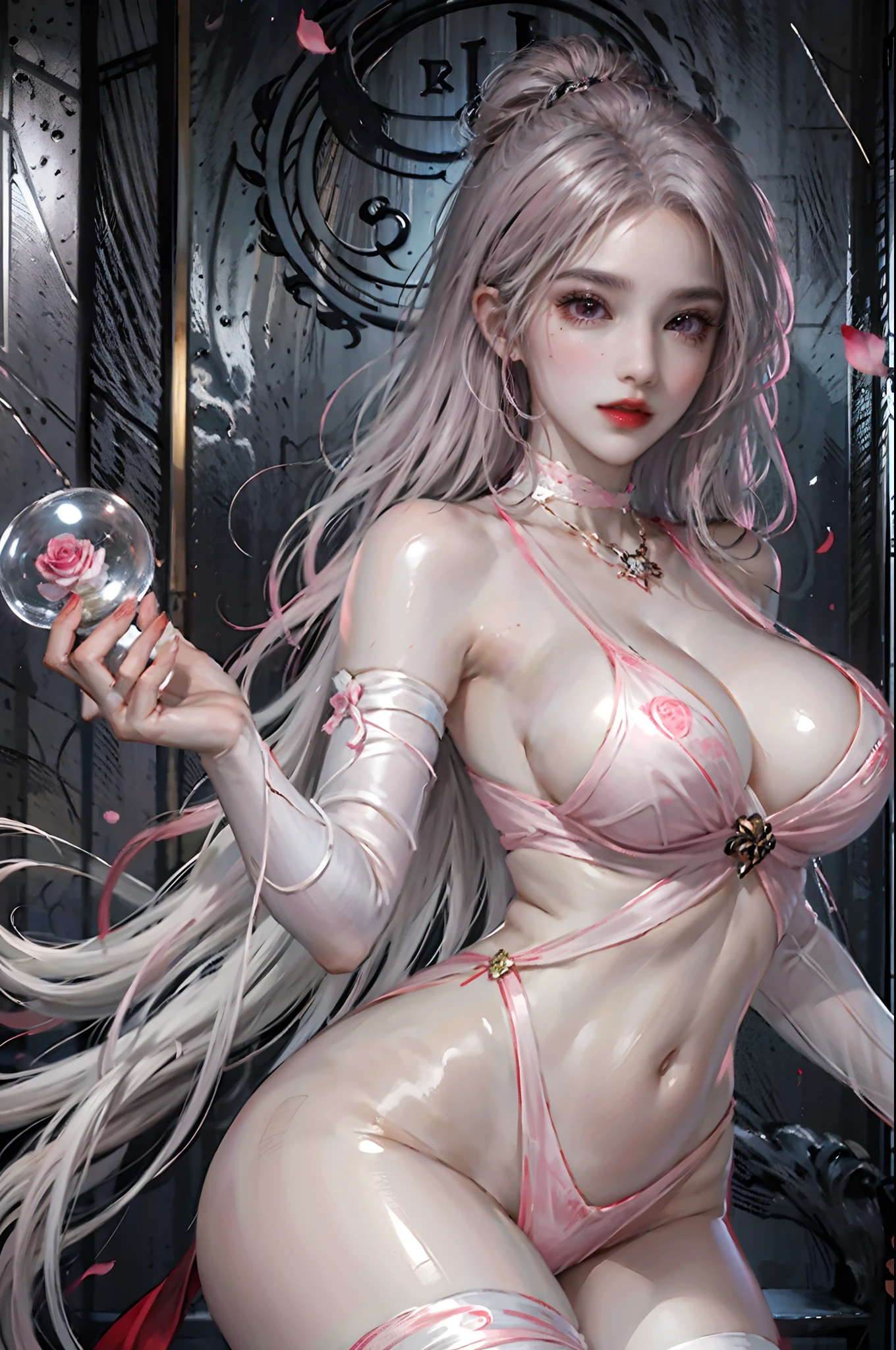 1women, ibaraki kasenx, tabard, naked tabard, sideboob, pink rose, floral pattern, delicate face, deep pink eyes, light smile, mature female, large breasts, moonlit sky