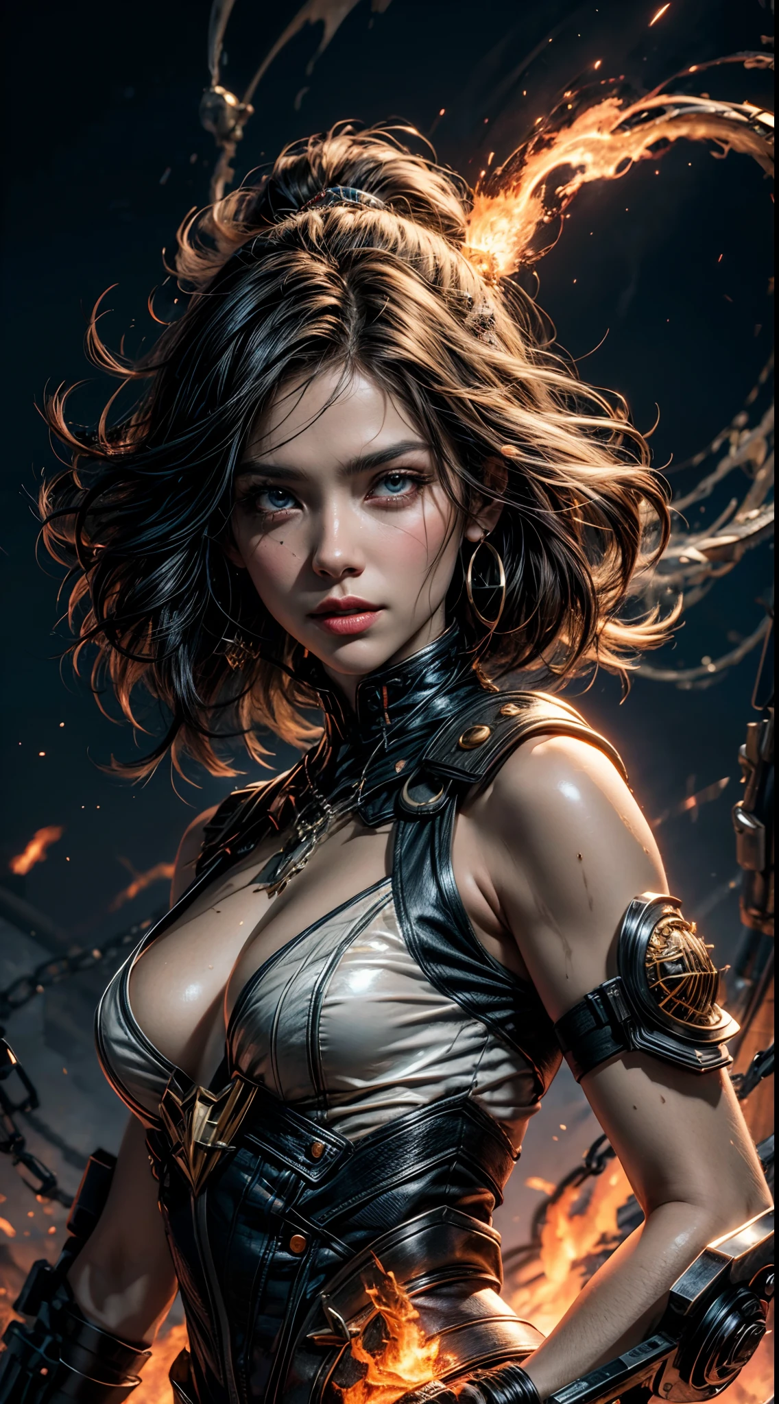 a beautiful demonic sorceress conjuring fire, various burning chains around her,(((detailed perfect face))),light smile, beautiful face, seductive body,tall body, mature body, BREAK burning aura, fire balls, orange and yellow spark dazzling around, small blue phoenix flying in the background, lava on the ground, magma, sexy body,Cinematic, Hyper-detailed, insane details, Beautifully color graded, Unreal Engine, DOF, Super-Resolution, Megapixel, Cinematic Lightning, Anti-Aliasing, FKAA, TXAA, RTX, SSAO, Post Processing, Post Production, Tone Mapping, CGI, VFX, SFX, Insanely detailed and intricate, Hyper maximalist, Hyper realistic, Volumetric, Photorealistic, ultra photoreal, ultra-detailed, intricate details, 8K, Super detailed, Full color, Volumetric lightning, HDR, Realistic, Unreal Engine, 16K, Sharp focus, Octane render