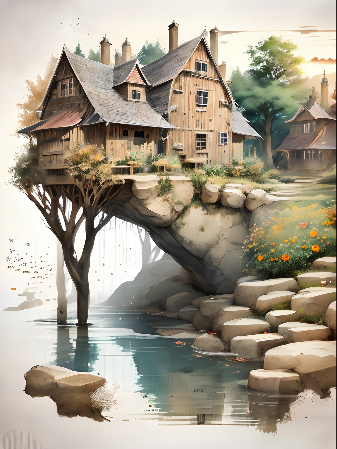 World Tree，florals，rios，Huge watermill , [(White background:1.5)::5], Medium Shot Shot, butterflys,Petals floating in the water,steins,Cloud,setting sun,Dusk,setting sun，House under the tree