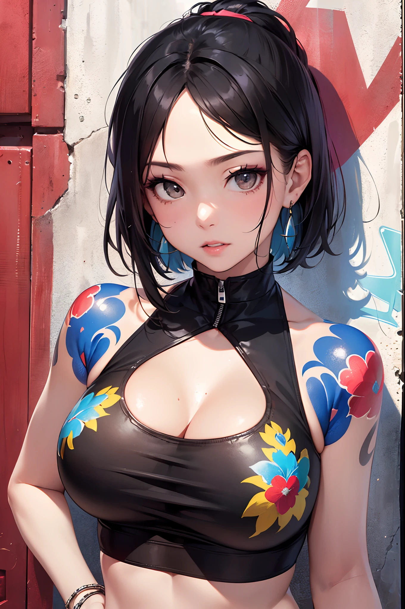 (masterpiece), (portrait), big breasts (aesthetic), ((1 female 21 years old)), Highlight earrings), ((Short hair)), ((Black hair)) , Straight hair, Ponytail , eyes wide open, brown eyes, cute, female, woman, feminine, beautiful, female features, top, high quality, aesthetic clothing, professional angle, (rule of thirds), (female), (female), (female) , (beautiful), (female features), solo,(attractive Korean), summer, (ink mist), (afternoon), (vibrant light), ((expressive postures)), (Hands on hips), ((Face looking straight ahead)), ((Energetic)), (Bold makeup), (Big bust), (Confident appearance), Fair skin, (Clothes with hip hop details), (Crop Top), (Denim shorts), ( Halter Neck neckline), ((Graffiti Wall Background)), (Medium Shot Shot), beautiful hands, two hands, normal hands, two arms, full hands, beautiful body, beautiful fingers, normal fingers, five fingers, five fingers, ears pretty, normal ears, pretty eyes, bright eyes, pretty mouth, pretty lips,