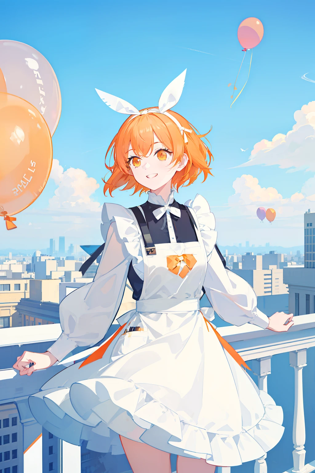 masterpiece, best quality, 1girl, solo, orange hair, short hair, shoulder-length hair, straight hair, orange eyes, round eyes,, (((orange apron dress))), ((long sleeves)), knee-length dress, frills, ((((white ribbon hair band)))), On the roof of a building, leaning against the fence on the roof, (with one's arms resting on the railing), overlooking the road, as close as it might fall in the noon, blue sky, clear sky, ((full of balloons in the air)), laughing, smiling, seeing a viewer, ((detail face))