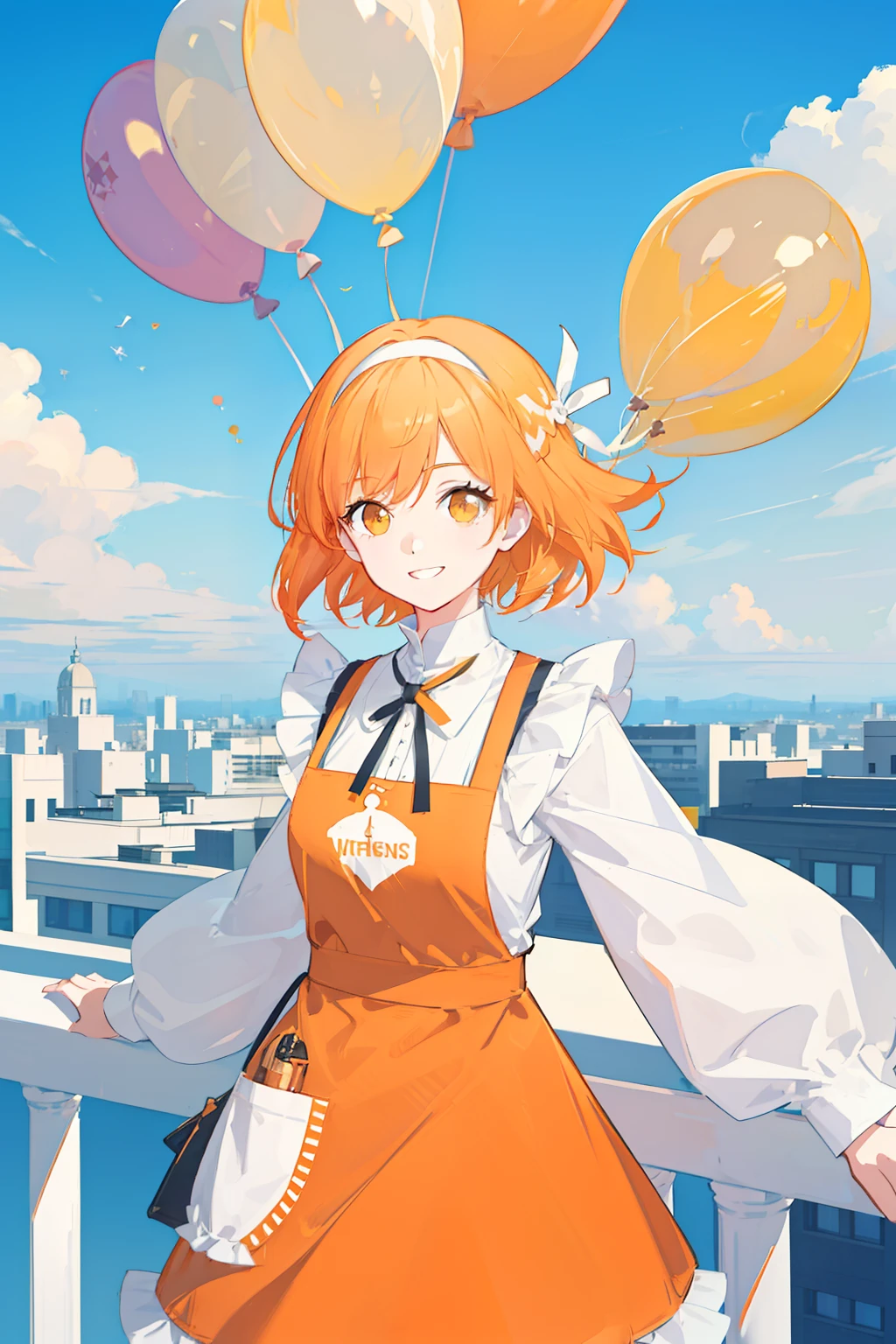 masterpiece, best quality, 1girl, solo, orange hair, short hair, shoulder-length hair, straight hair, orange eyes, round eyes,, (((orange apron dress))), ((long sleeves)), knee-length dress, frills, ((((white ribbon hair band)))), On the roof of a building, leaning against the fence on the roof, (with one's arms resting on the railing), overlooking the road, as close as it might fall in the noon, blue sky, clear sky, ((full of balloons in the air)), laughing, smiling, seeing a viewer, ((detail face))