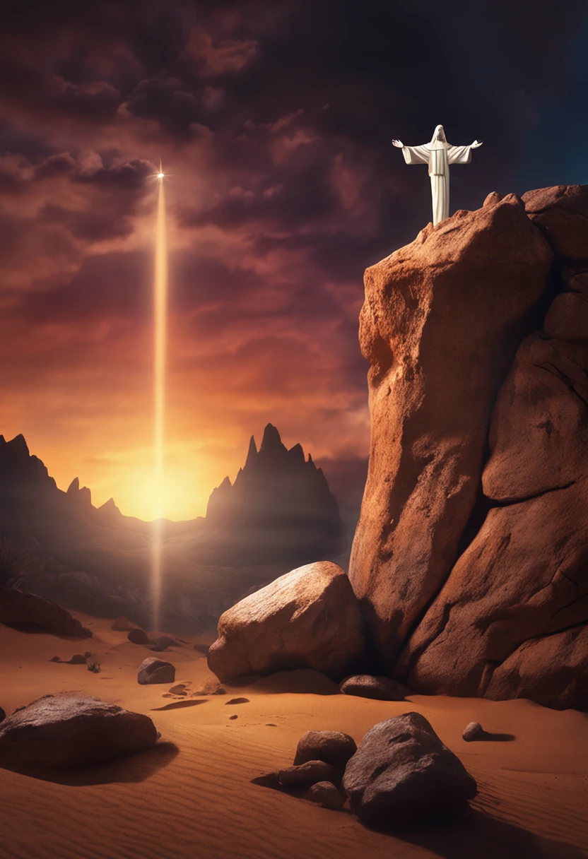 Jesus assentado sobre uma pedra rochosa num deserto, segurando um cajado, and a ray of light from heaven illuminating upon Jesus, ::n_style drawing, Low quality imperfection, doll, game, anime. 8k.