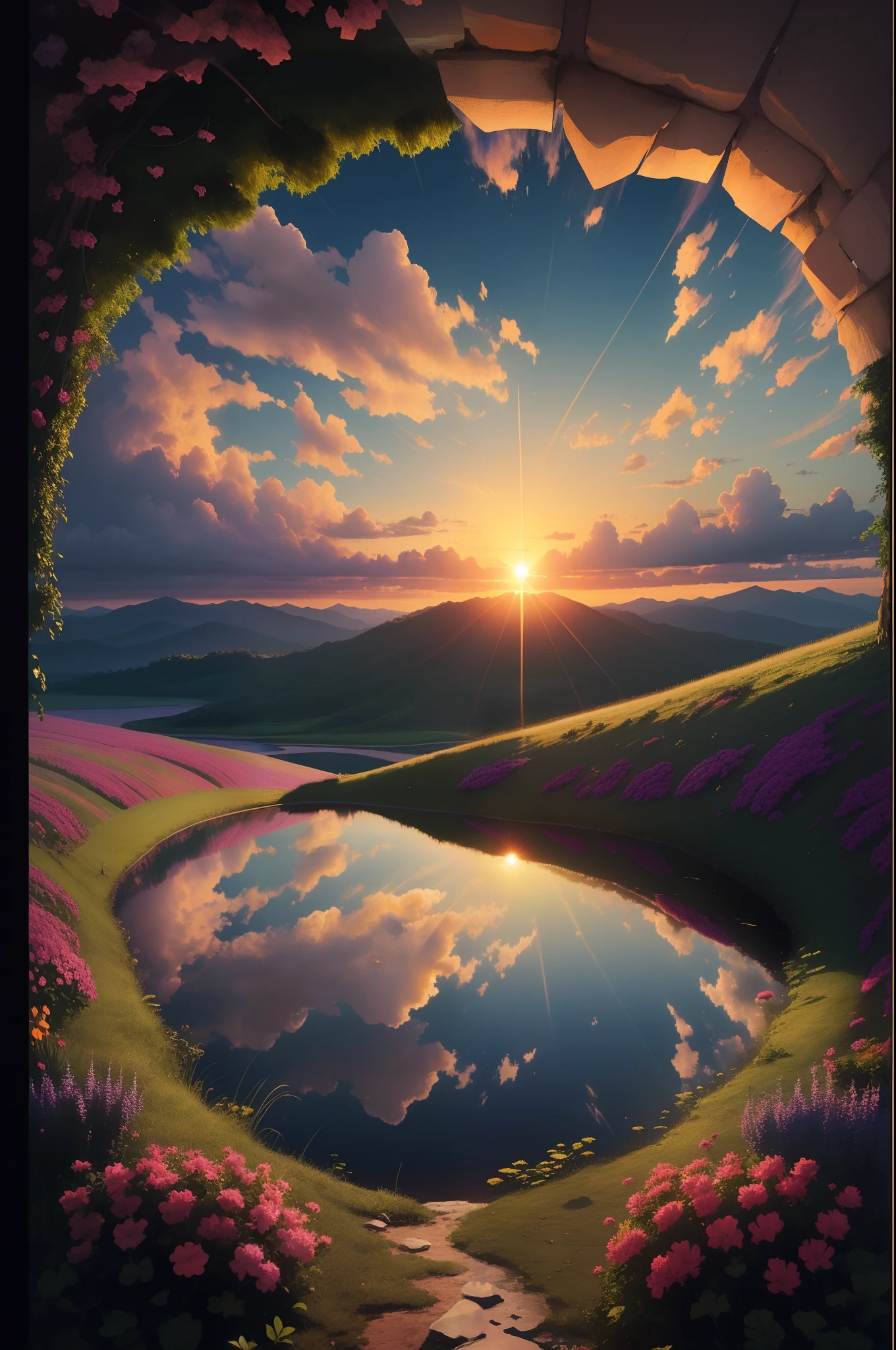 Paisagem de um penhasco com vista para um horizonte infinito, The sun sets in a kaleidoscope of colors, The gentle breeze inspires a sense of freedom and deep reflection, alta resolução.