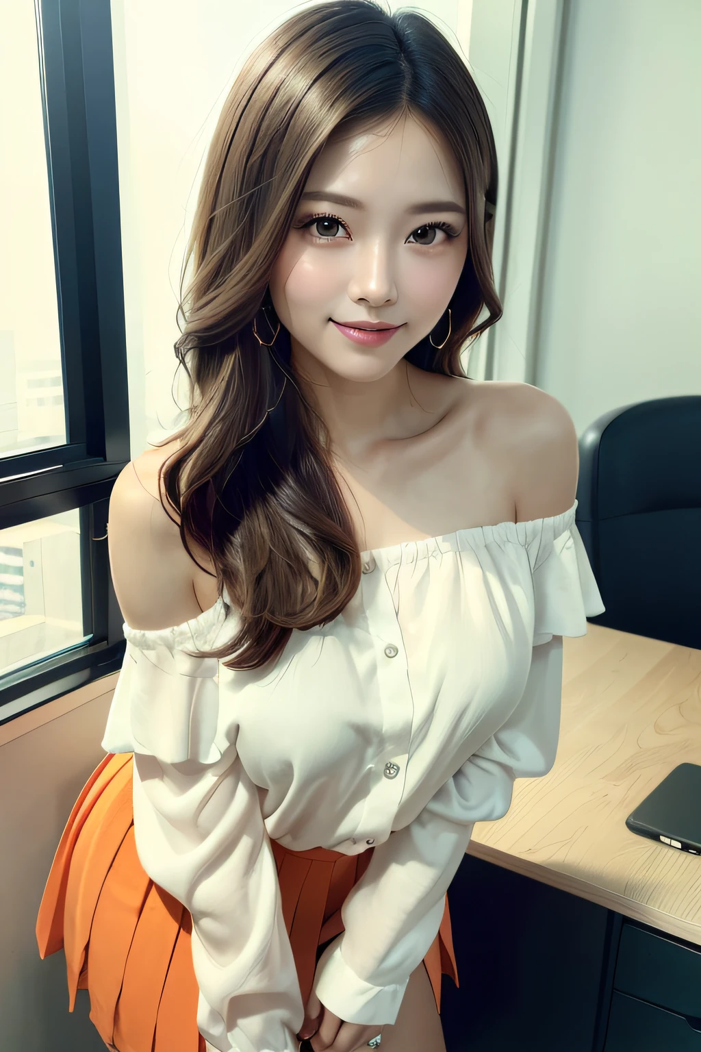 first-person-view, (masterpiece:1.3), high resolution, ultra detailed, extremely detailed CG unity 8k wallpaper, realistic, photo-realistic, RAW photo, beautiful detailed face, pale skin, realistic glistening skin, detailed cloth texture, detailed hair texture, Perfect body, Beautiful Face, accurate, Anatomically correct, Highly detailed face and skin texture, natural neck length, (beautiful hands), (fair skin:1.2), Thin legs, Thin feet, perfectly aligned teeth, 
BREAK, 
Detailed eyes, symmetric eyes, Light Brown eyes, Double eyelids, Thin eyebrows, (Glossy lips:1.4), (gently smile:1.2), (blush:1.1),
BREAK, 
(A Classy and Cute girl), (off-shoulder White silk blouse), (Orange flare skirt:1.2), 
medium large breasts, (slender figure:1.1), firm abs, beautiful clavicle, 
(Dark blonde hair, wavy hair, long hair:1.3), ((asymmetrical bangs:1.2)), 
BREAK, 
(Leaning forward by the desk:1.2), 
((in the modern office of Japan)), (Cowboy shot:1.2), looking at viewer, from below:0.65,