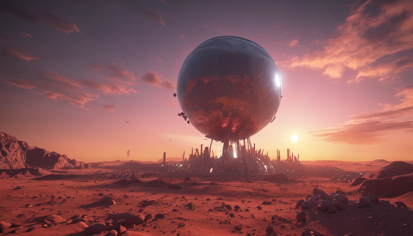 (masterpiece , award winning , highest quality:1.2), Epic Sunset over a Human Colony on (Mars), Dome City, (solarpunk:1.2), (dust:0.8), Epic sunset lighting, volumetric lighting, ray traced lighting, Houdini render, ultra-detailed, Cinematic Shot, bloom, lens flare, 16K, UHD, HDR,(Masterpiece, best quality:1.5)