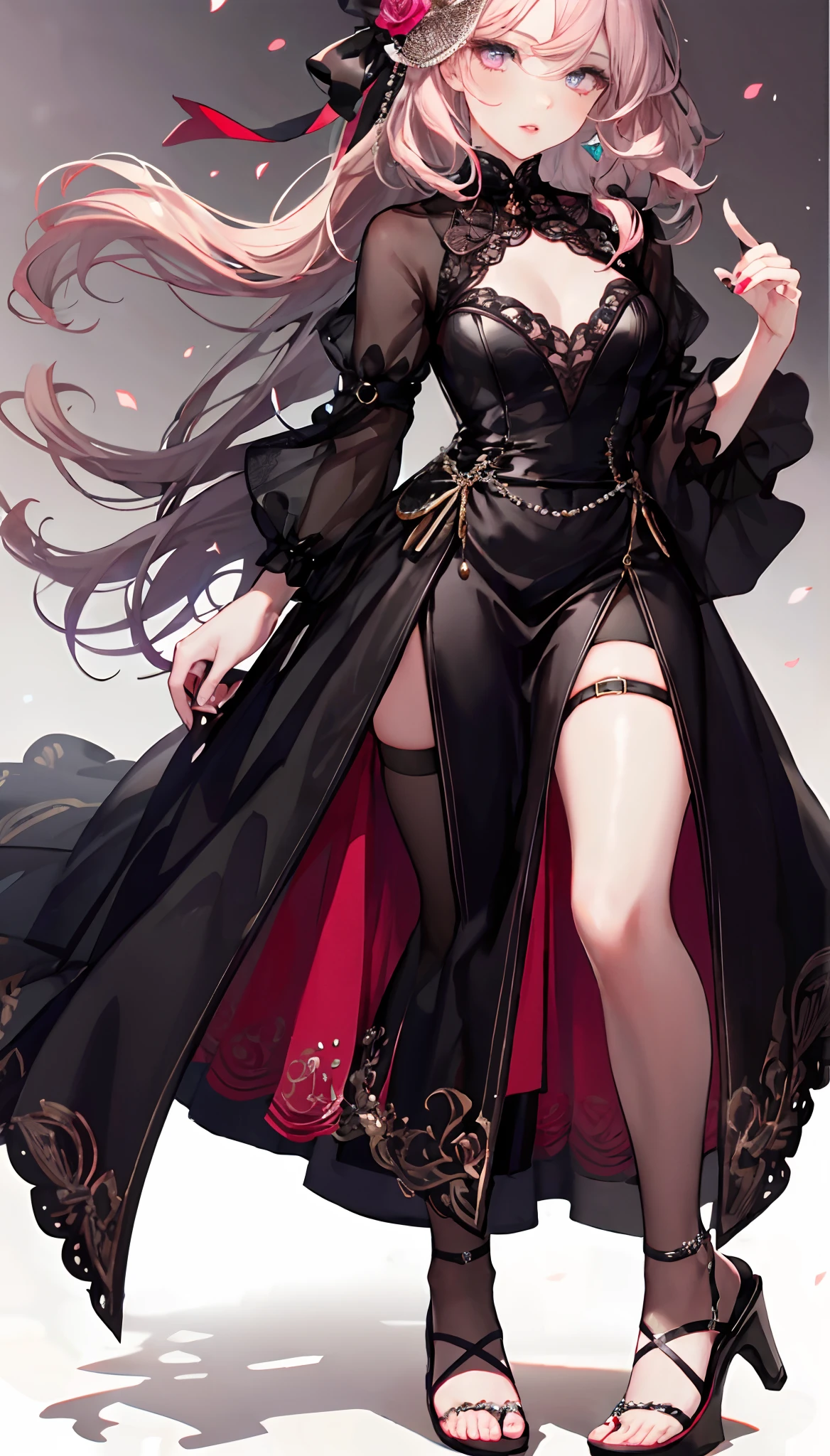 Complete body,1 noblewoman,a matural female,Black dress long dress,(Black stockings beautiful legs+),heeled sandals,blackstockings,Pink White Long Hair,Prom background, Perfect body, s the perfect face, perfect hand, Perfect Finger, Perfect lips, perfect eyes, Perfect background