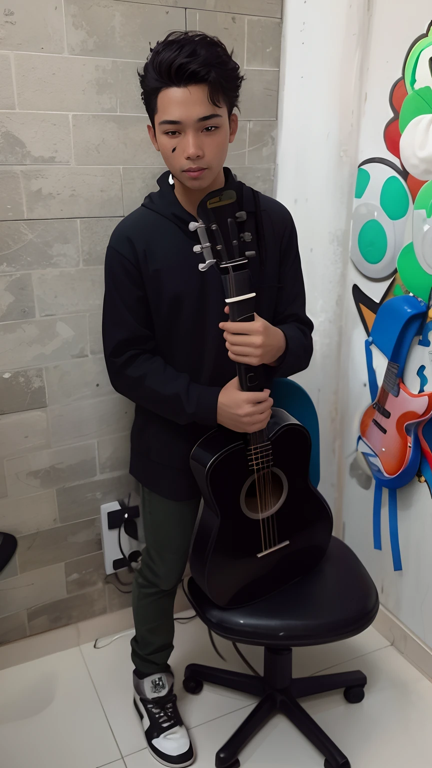 There's a young man holding a guitar in front of a wall, holding a guitar, segurando guitarras, carregando uma guitarra, playing the guitar, tocando guitarra, solo de guitarra, playing the guitar, playing a guitar, guitarrista, jamming to music, caio santos, O guitarrista, mateus 9 5, inspirado em Pablo Carpio, classic guitar, Dang Meu Linh