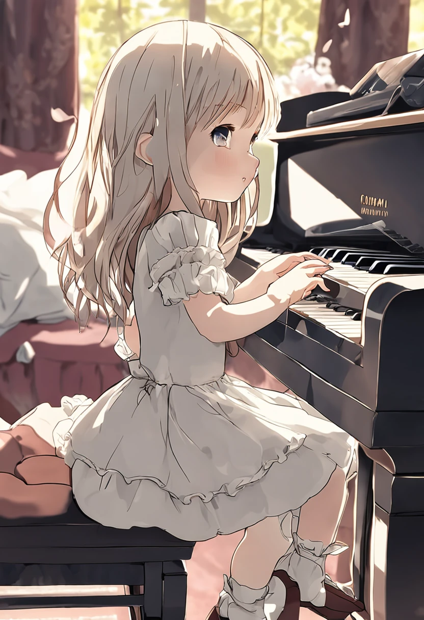 Little girl playing piano,His expression is particularly intoxicating, particularly delicate and clear,The fingers are clearly distinguished, and the two hands have five fingers each,The material of the piano is particularly clear and clear。