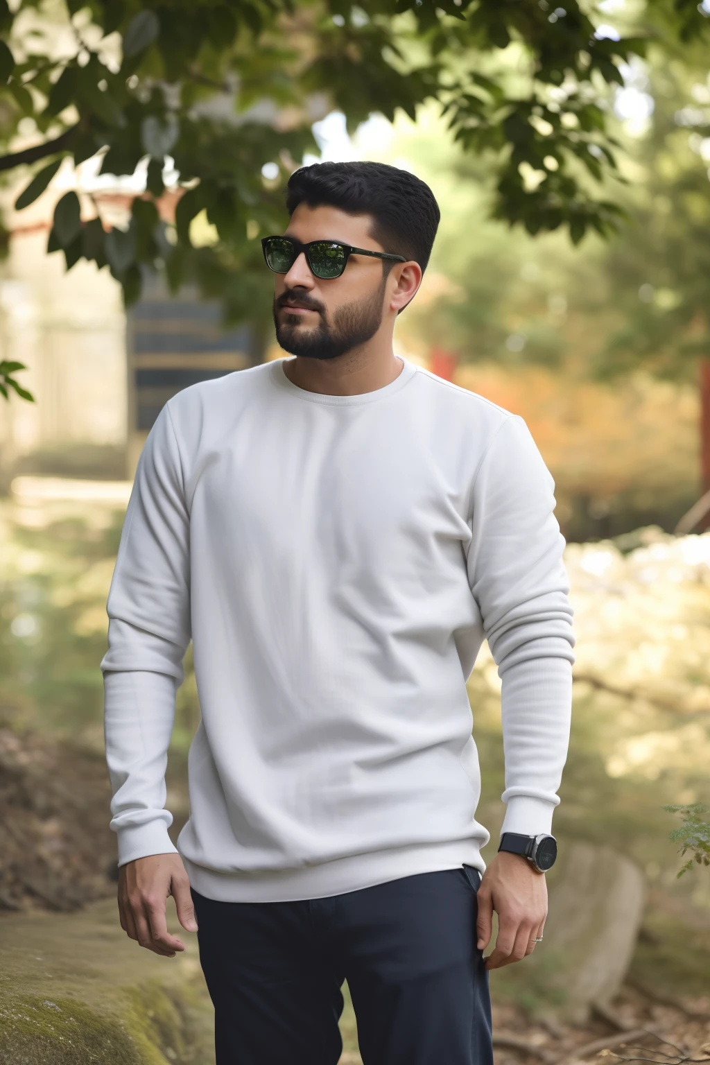 araffe man in sunglasses and a white sweater standing in the woods, wearing sweatshirt, candid picture, taken with canon 8 0 d, taken with sony alpha 9, taken with canon eos 5 d mark iv, taken with canon 5d mk4, shot on 1 5 0 mm, casual photography, with a cool pose, cinematic full shot, grey sweater, change background cyberpunk