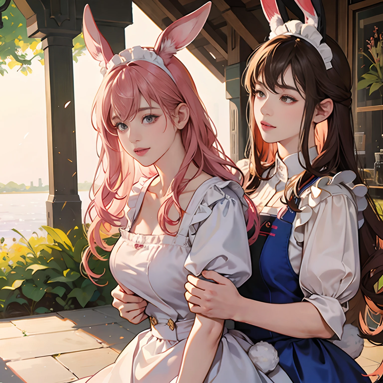 Women in Their 20s, Fantasia、offcial art, unity 8k wall paper, ultra-detailliert, beautifly、Aesthetic, masterpiece, top-quality, Photorealsitic、Rabbit eared clan、A pink-haired、Rabbit ears、Horan Drop、Lop Ear、Lop-eared rabbit:2.0、Flabby ears、Rimless glasses、Wrap your hair together、maid clothes、frilld、pinafore、depth of fields, Fantastic atmosphere, Calm palette, tranquil mood, Soft shading、Beautiful Landscapes、bbw、very large breast、plump figure、Carry meals、open terrace