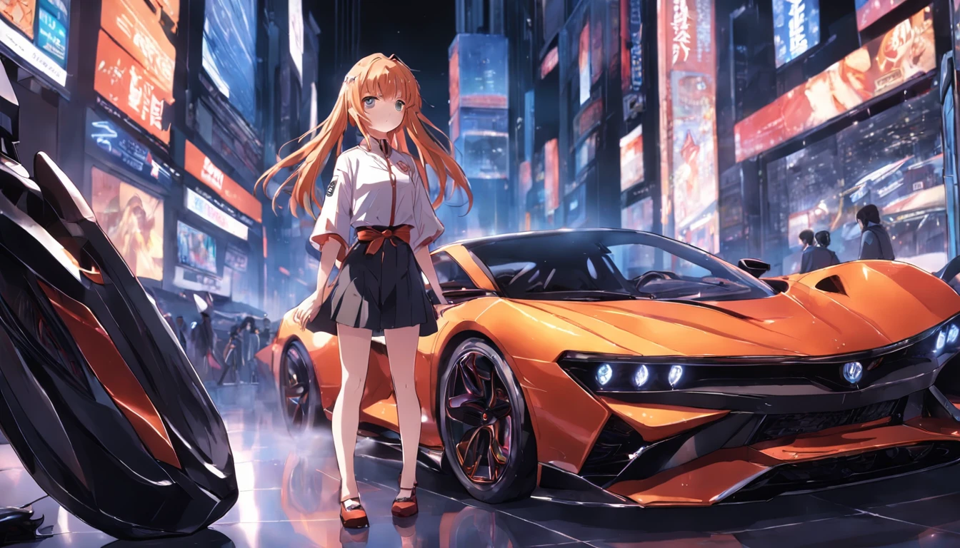 Photo, a beautiful Woman guiding at  future motor show, Full body