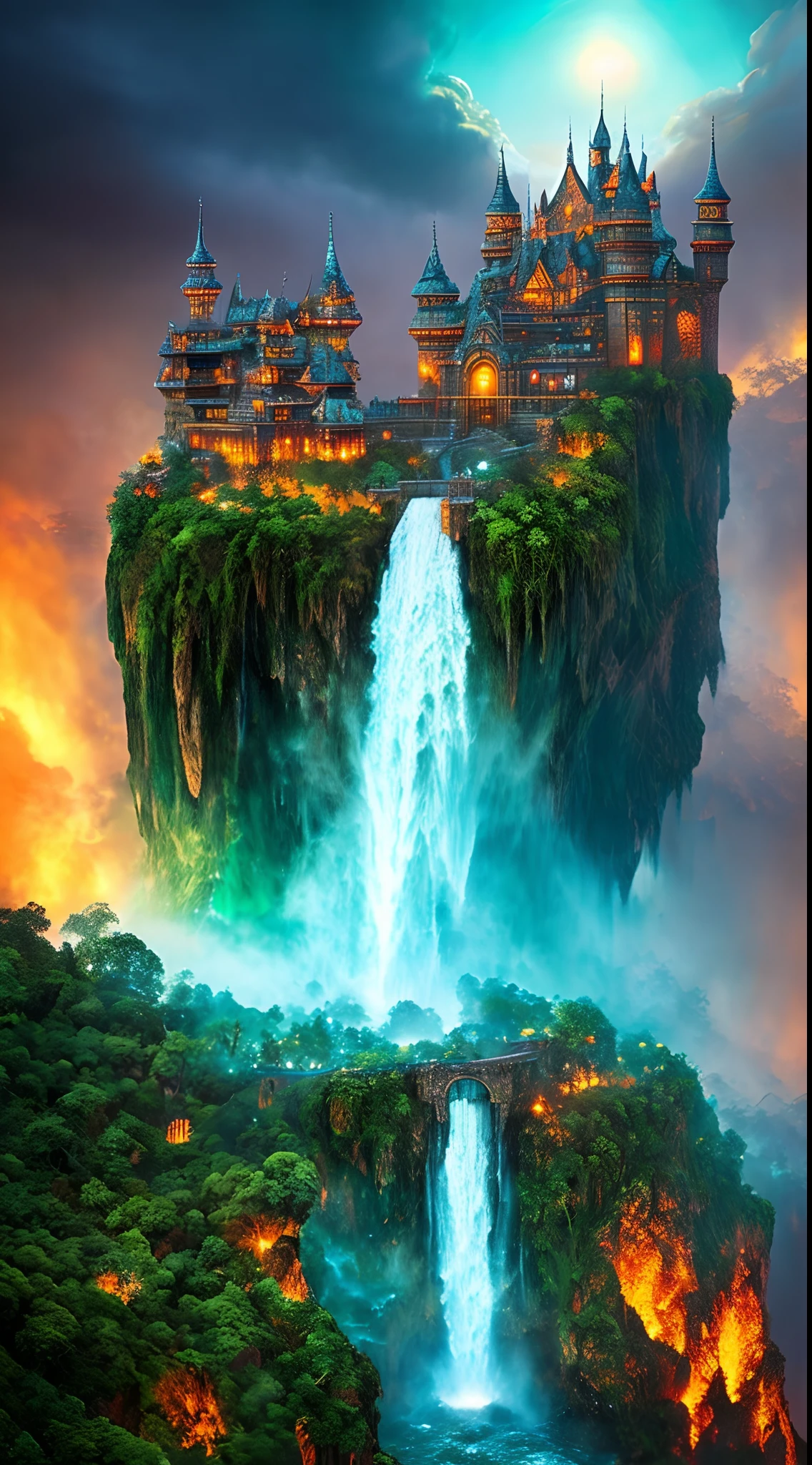 Masterpiece A beautiful giant castle with huge, detailed towers in a dark realm with lava everywhere and dragons with scales, olhos vermelhos e fogo cuspindo no ar tudo muito detalhado, This kingdom must have a waterfall coming out from under it some giant trees around this waterfall, There must be a magical giant entrance next to this waterfall, intrincado, master part, especialista, insanamente detalhado, 4k, compositing, enquadramento, Centrado, simetria, Pintado, intrincado, volumeric lighting, Beautiful, Cores profundas ricas, foco nítido, obra-prima ultra-detalhada no estilo de Dan Mumford e Marc Simonetti, astrofotografia(Ultra HD |)