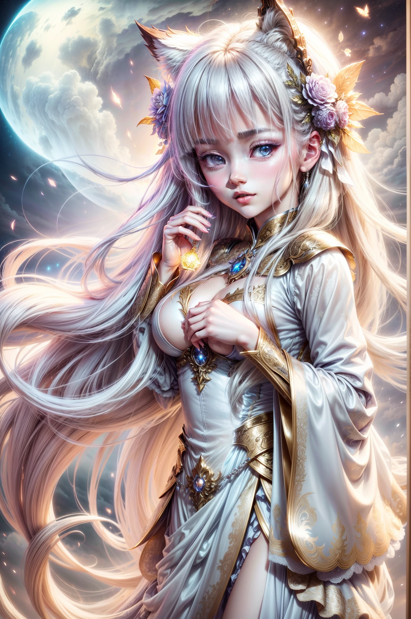 Masterpiece, 3D Display, Best Quality, Lots of Detail, Long white hairSuper cute girl, full body, Beautiful big breasts,wearing gorgeous Hanfu, little vixen, anthropomorphic, bubble mart style, wearing an elegant cape, clouds floating gently, extremely detailed 3D animation, super realistic, super detailed, luxury movie lights, octave light,bright expression、poneyTail、Young shiny shiny white shiny skin、Best Looks、Blonde reflected light、Platinum blonde hair with dazzling highlights、shiny light hair,、Super long silky straight hair、Beautiful bangs that shine、Glowing crystal clear attractive big white eyes、Very beautiful nice cute 24 year old girl , ((best quality)), ((masterpiece)), (detailed), alluring succubus, ethereal beauty, perched on a cloud, (fantasy illustration:1.3), enchanting gaze, captivating pose, delicate wings, otherworldly charm, mystical sky, (Luis Royo:1.2), (Yoshitaka Amano:1.1), moonlit night, soft colors, (detailed cloudscape:1.3), (high-resolution:1.2)