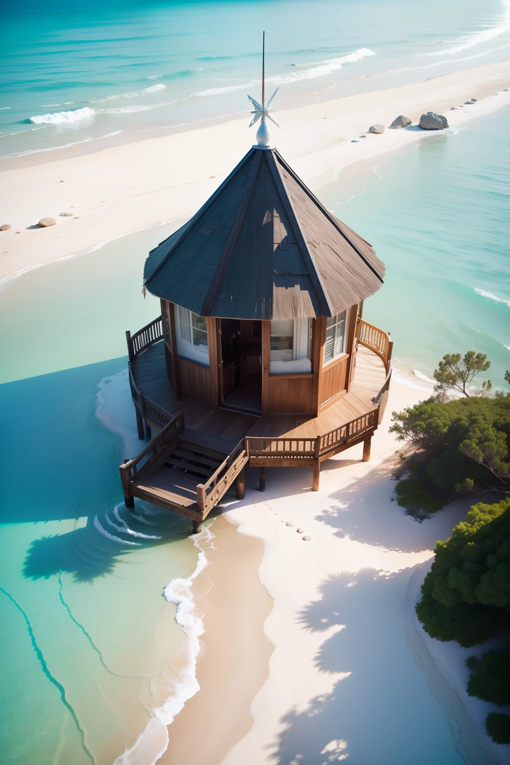 Create an aerial view of a stunning beach, with white sands and crystal clear waters, decorada com elementos palmeiras exageradas, Detailed cabin by the sea