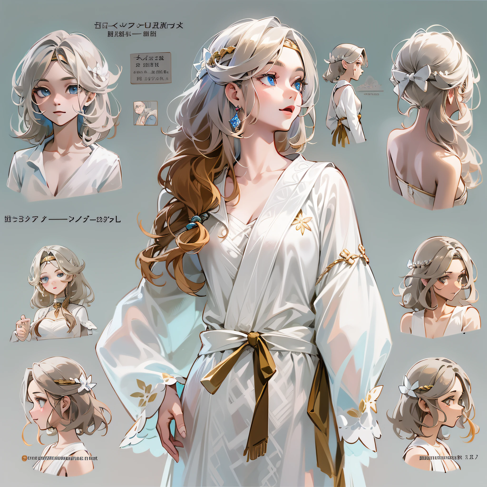 tmasterpiece:1.6,best qualtiy:1.4,Live image:1.2,Complicated details:1.2,Charturnerv2:1.2,1. Lady full body role change,allure:年轻:1.25,being thin:1.3,eBlue eyes,mediuml breasts,Fine eyes,Fine quality eye, garments:white dresses,Bubble skirt accessory:Headband bow,Red 0 ribbon, the hair:whaite hair,short detailed hair,semi curly hair,naturey,Glossy glossy skin, (Single background, white backgrounid:1.8),transparent background,multiple views,Multiple views of the same character in the same costume:1.3.,Role table:1.2,Multiple facial expressions:1.3,