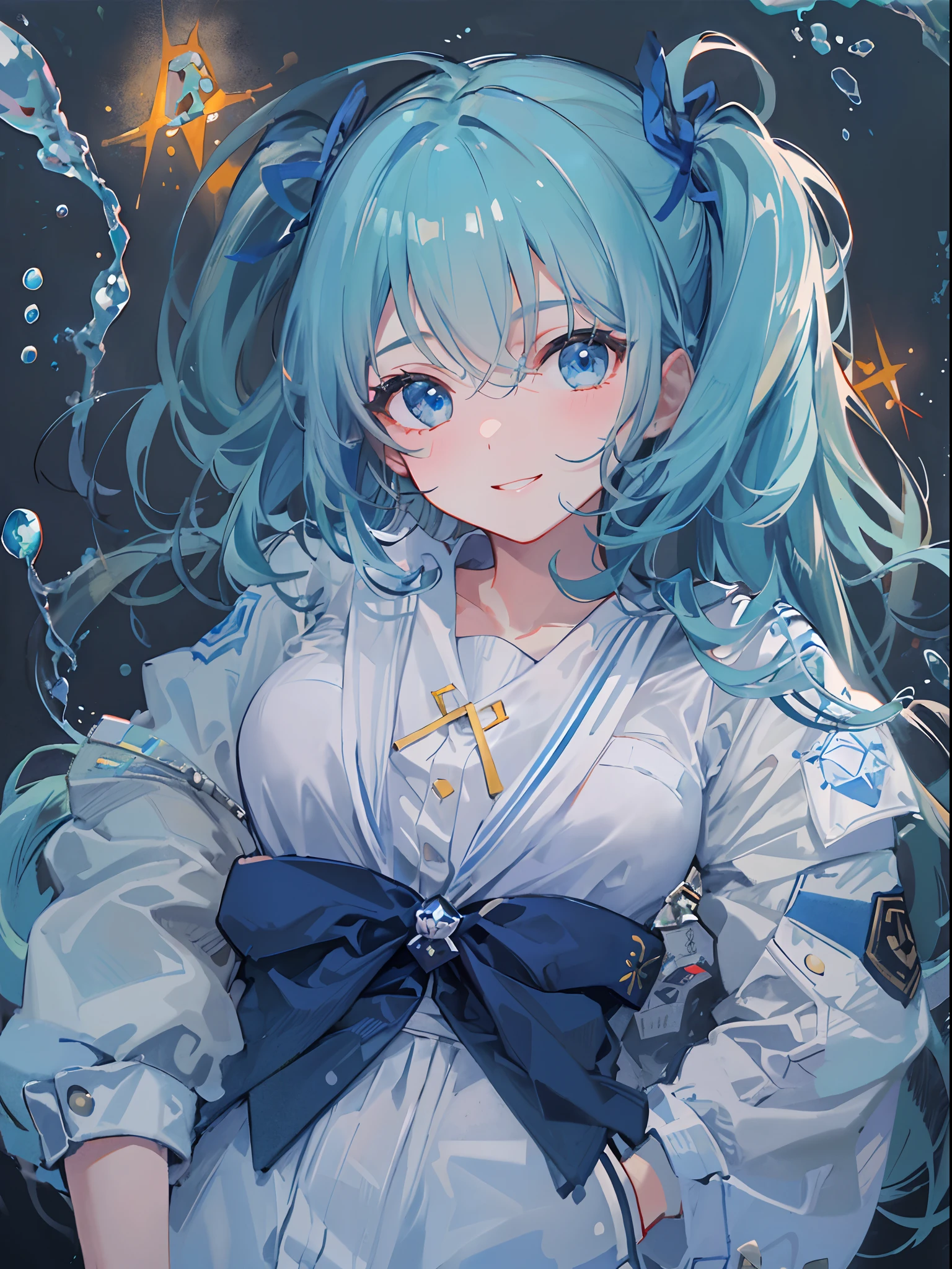 ((top-quality)), ((masterpiece)), ((ultra-detailliert)), (extremely delicate and beautiful), girl with, 独奏, cold attitude,((Black jacket)),She is very(relax)with the(Settled down)Looks,A dark-haired, depth of fields,evil smile,Bubble, under the water, Air bubble,bright light blue eyes,Inner color with light blue hair and dark blue tips,Cold background,Bob Hair - Linear Art, shortpants、knee high socks、White uniform like school uniform、Light blue ribbon ties、Clothes are sheer、Hands in pockets