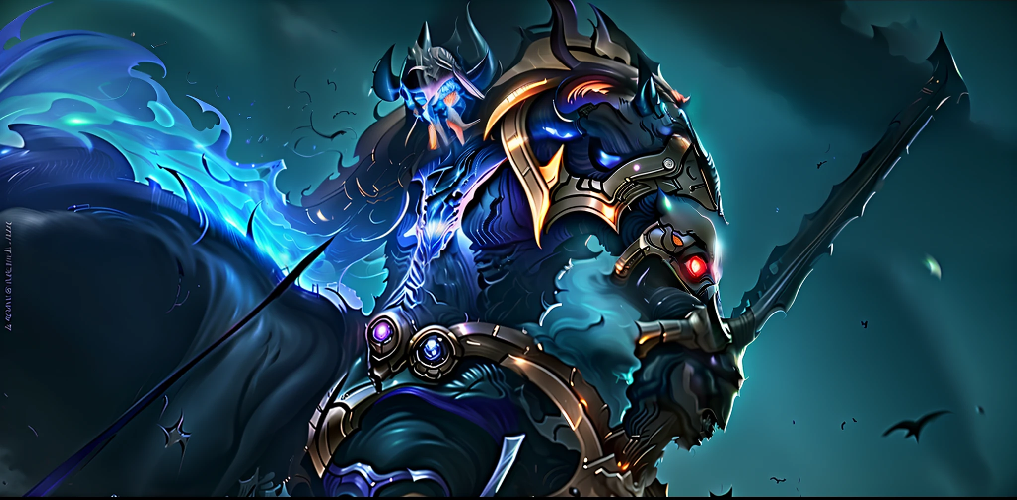 um close up de uma pessoa em um cavalo com uma espada, heroes of the storm splash art, Warwick Santo, Arte Splash, Splash Art Oficial, 8 K HD WallpaperArtefato jpeg, 8k hd wallpaperjpeg artefato, nasus, cavaleiro da morte, League of Legends arte splash, Raziel IRL, Jayce Arcano, cavaleiro da morte