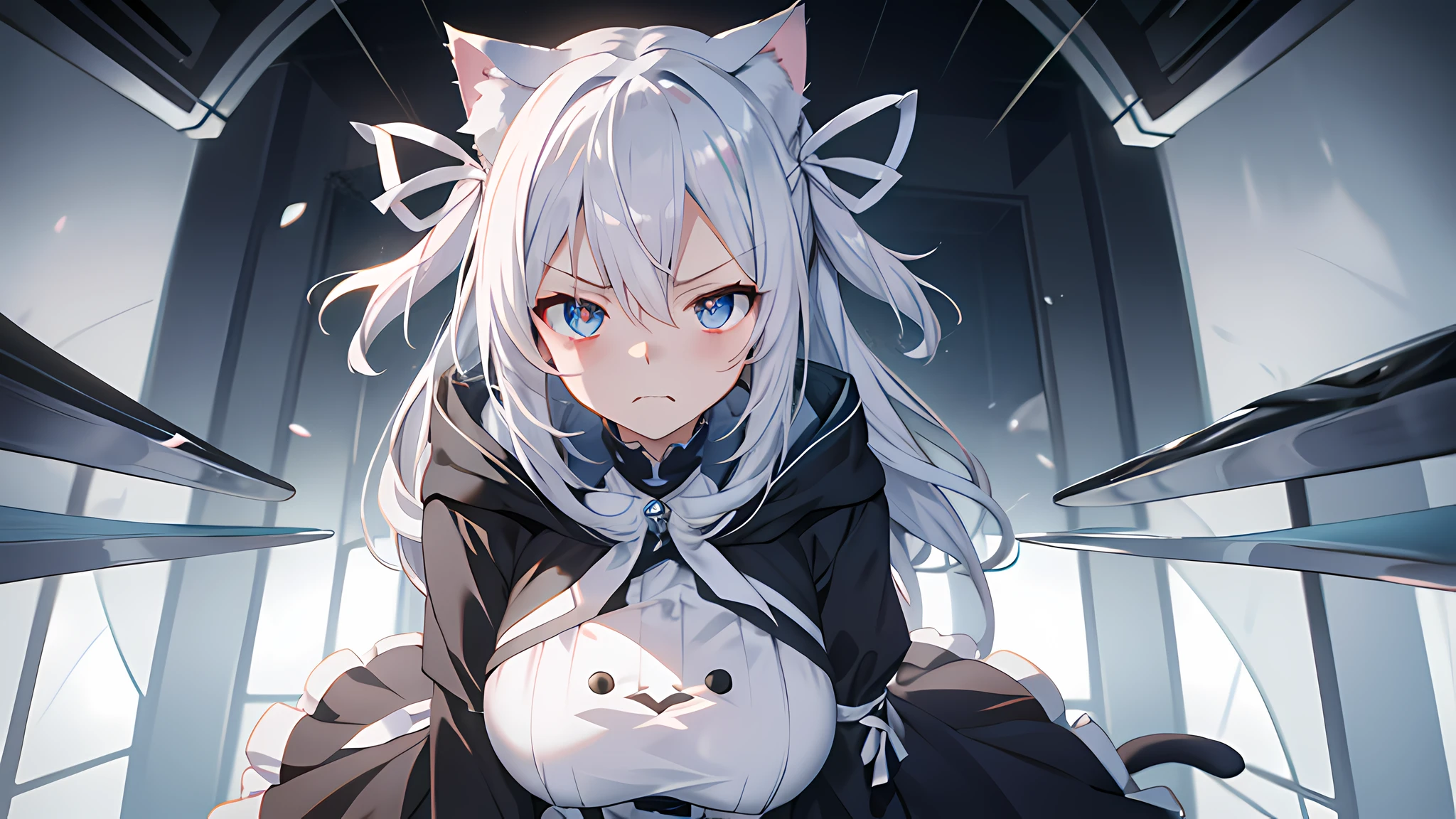 Silver hair, hair over shoulders, hair behind ear, Hair ribbon, Hood, eyes reflection, Cat ears, Shy, Angry, High detail, anime big breast, Cinematic lighting, Ray tracing, hyper HD, Masterpiece, Anatomically correct, Textured skin, High details, A high resolution, Best quality, Super detail，Cute dress