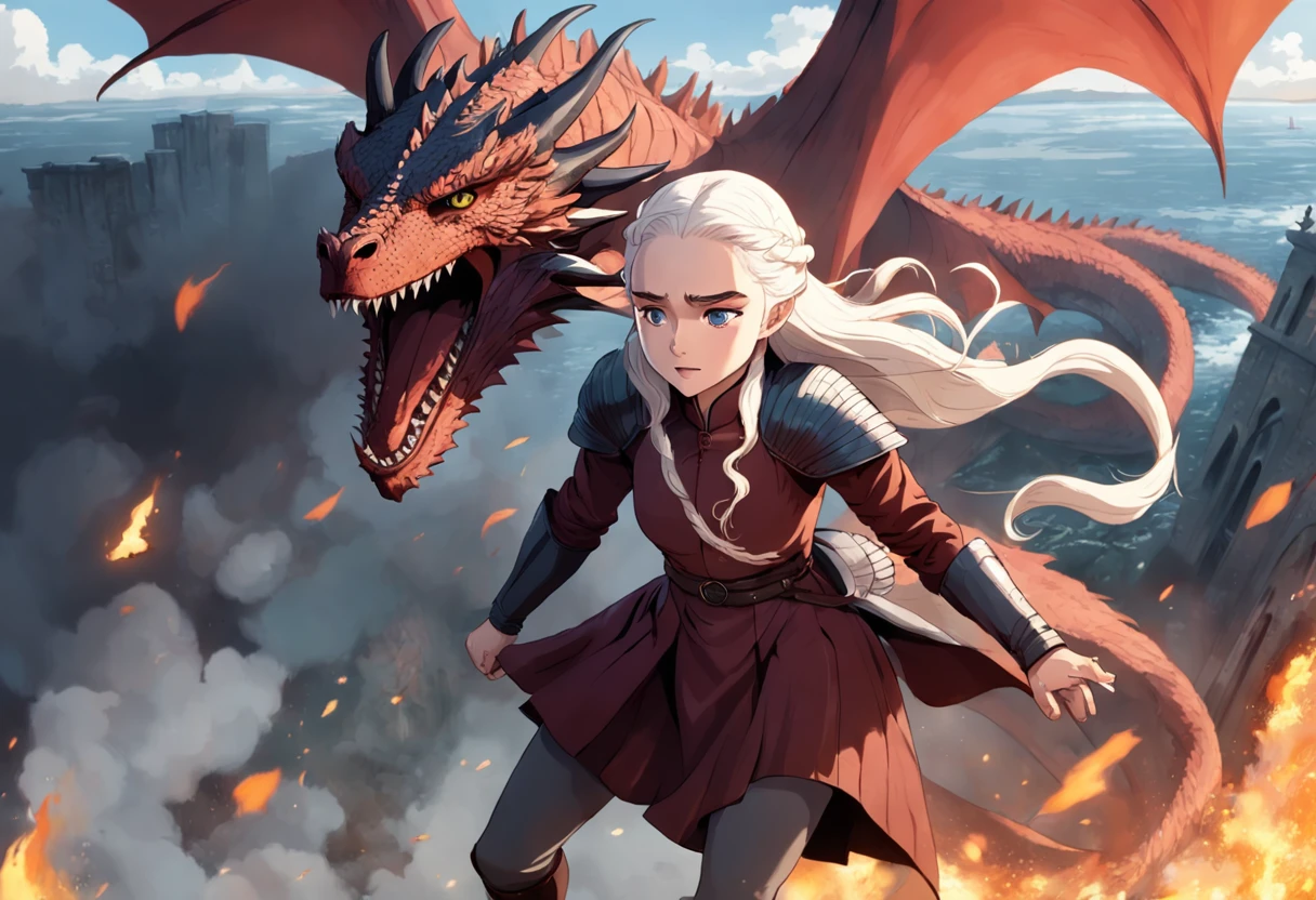 T-shirt design, 2D illustration, Central Art,3 dragons breathing fire in the background, The face of Emilia Clark Atriz Britanica gray hair de Game of Thrones, Gothic Colors, Emotions of tension and terror, Adobe illustration, trending on artstationh, 8K, HD, Masterpiece, Magnificent Art, Intricate details , -