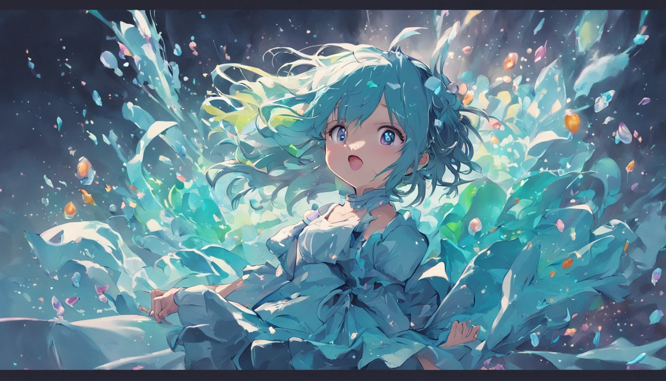 A kawaii girl is pouring a cocktail with a flourish, petals of blue and green cascading around her as she creates a dazzling display.