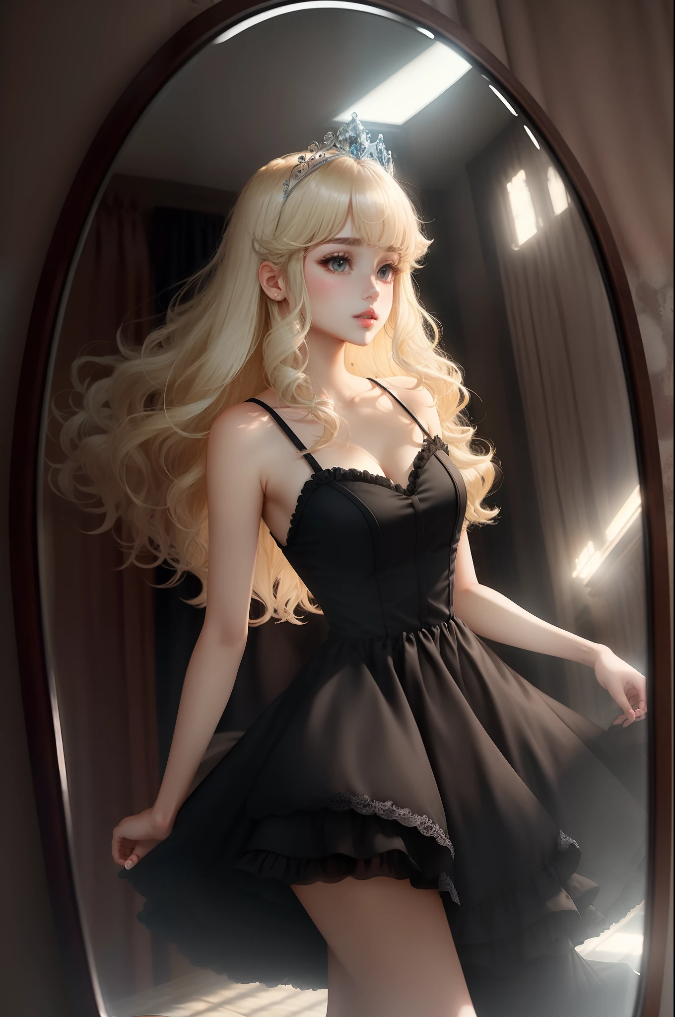 Princess A Princess Soft Best quality in good style(Highest Quality) , High quality(hiquality) Black fluffy dress blonde with soft hair corolla The whole body is reflected facing to the right Great atmosphere with very delicate tones