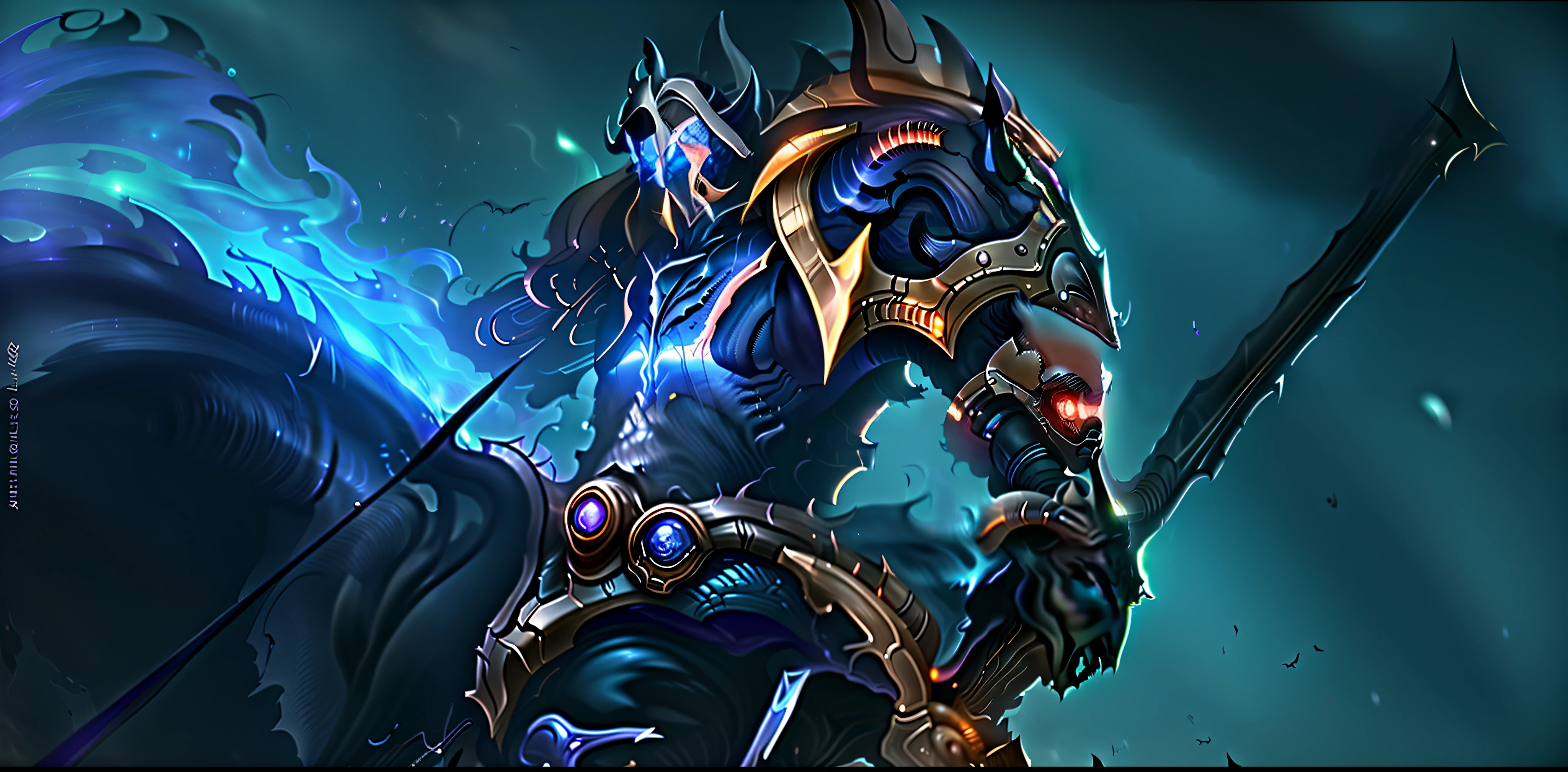 um close up de uma pessoa em um cavalo com uma espada, heroes of the storm splash art, Warwick Santo, Arte Splash, Splash Art Oficial, 8 K HD WallpaperArtefato jpeg, 8k hd wallpaperjpeg artefato, nasus, cavaleiro da morte, League of Legends arte splash, Raziel IRL, Jayce Arcano, cavaleiro da morte