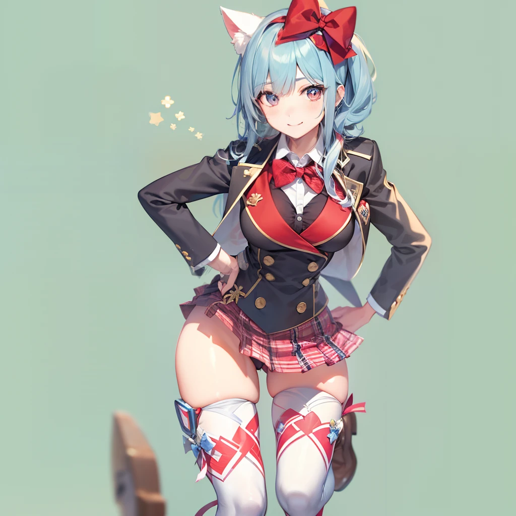 1 girl in、anime styled、full bodyesbian、White Cat Ear Band、(blue hairs)、(shorth hair)、a smile、red tide、blue eyess、blazers、、(plain white shirt)、(red bowtie)、(Red checked skirt)、(Black stockings)、Absolute Area、hightquality、best qualtiy、emphasizing thighs、all-fours