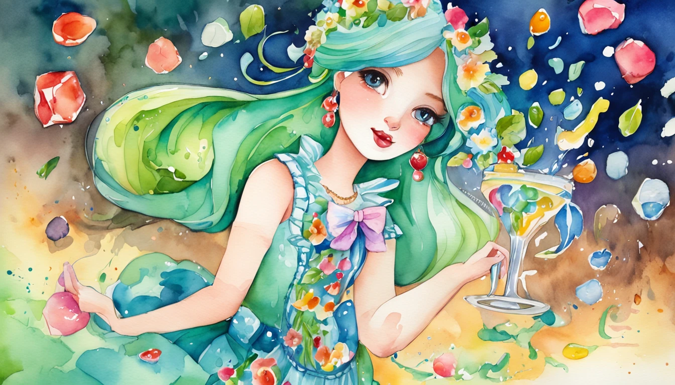 A kawaii girl is pouring a cocktail with a flourish, petals of blue and green cascading around her as she creates a dazzling display.