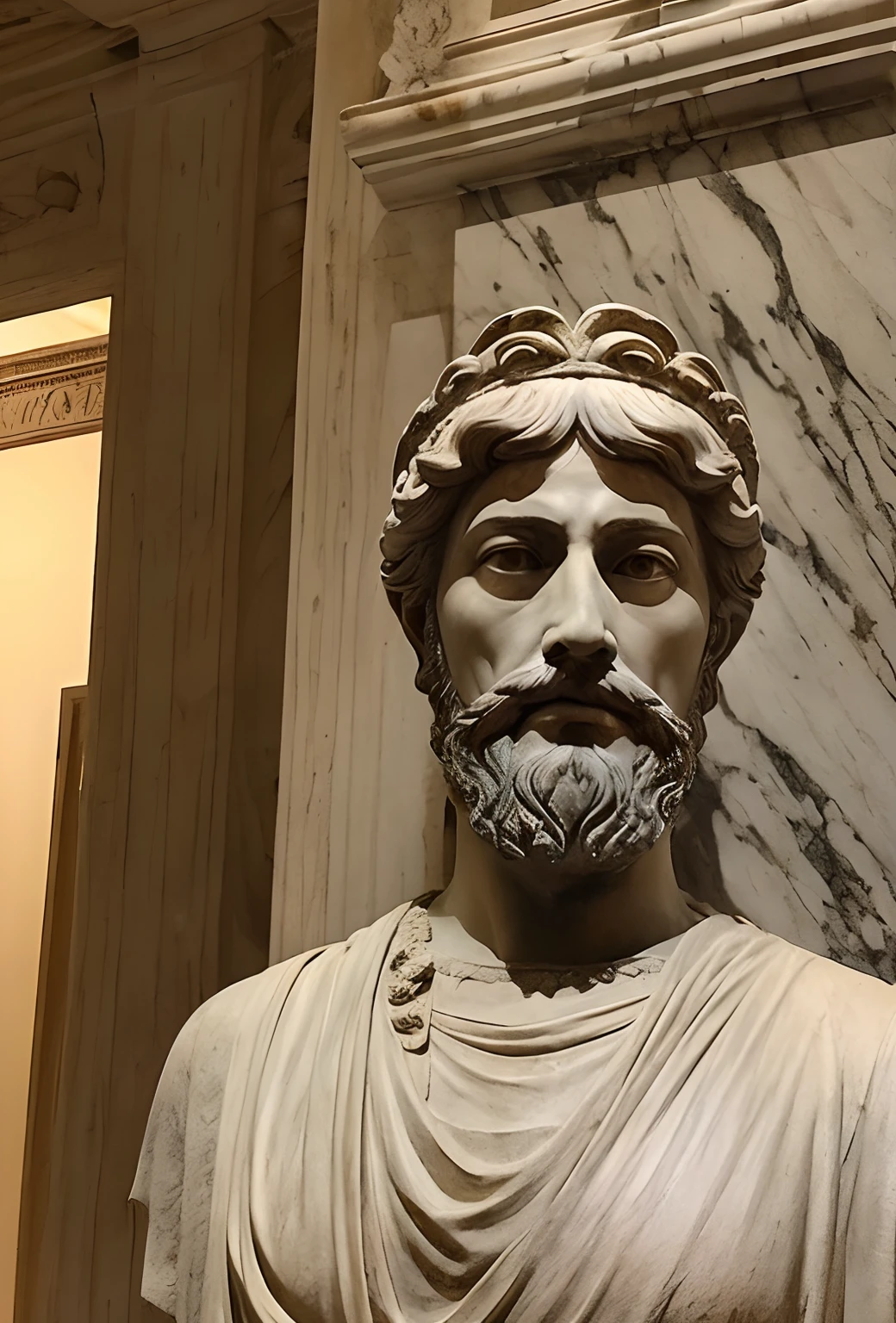 You are a skilled artist specialized in sculpting historical figures. I'm seeking a striking visual representation of Marcus Aurelius, a notable Stoic philosopher from Ancient Greece who lived around 500 years before Christ. The statue should capture the characteristic serenity and introspection of the philosopher, dressed in traditional attire from Ancient Greece dating back to 500 B.C. The pose should reflect Marcus Aurelius's philosophy and can be the one typically associated with him. To emphasize the figure, the surrounding scene should be entirely black. The sculpture will be carved from soapstone, a material you're adept at working with. Please consider crafting a facial expression that conveys wisdom and courage. I'm eagerly anticipating your artistic interpretation of this remarkable thinker."