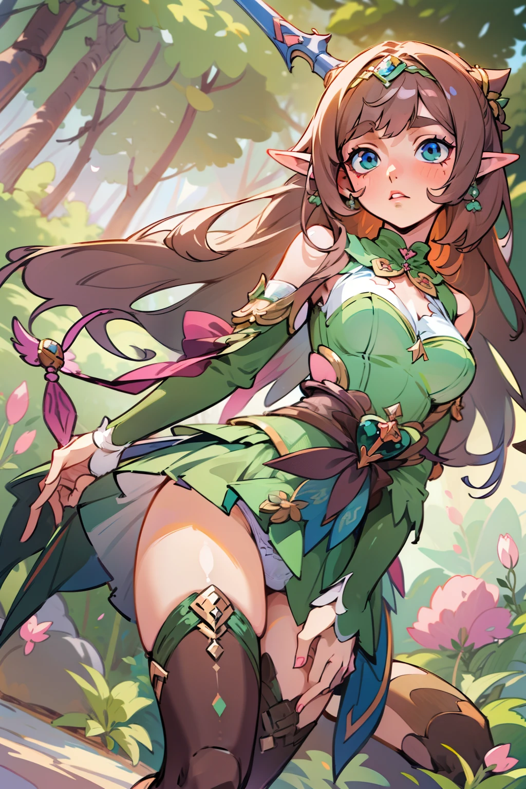 ((masterpiece - artwork - detailed - best quality)) - anime style - genshin impact 1 style woman - full body - elf- elf princess - brown hair - long hair - hime cut - blue eyes - weapon - bow - hand - medium breasts - green elf bodice - pink mini skirt - crotchless - tight white panties - exposed - legs apart - kirt ups - pink tight thigh high stockings - thick thighs - pumps - elf shoe - forest - standing - road stone - fence - stone - broken