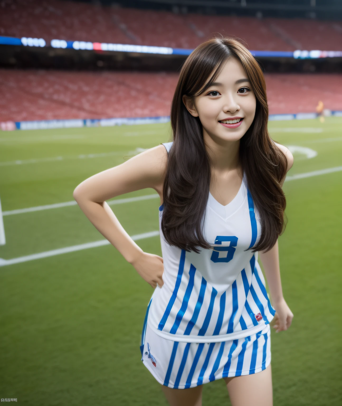 ((Best Quality, 8K, Masterpiece: 1.3)), a beauti, In addition, melon face, Friendly and cute, sweet smile, Pure desire, Slender body, (s whole body), (tilted head), ((looking at camera)), Medium Black Silky Straight Hair, Long flowing shoulders, round black big eyes, clear big eyes, moist red lips, Football stadium, ((full body shooting)), (Football Jerseys), (Middle breast),