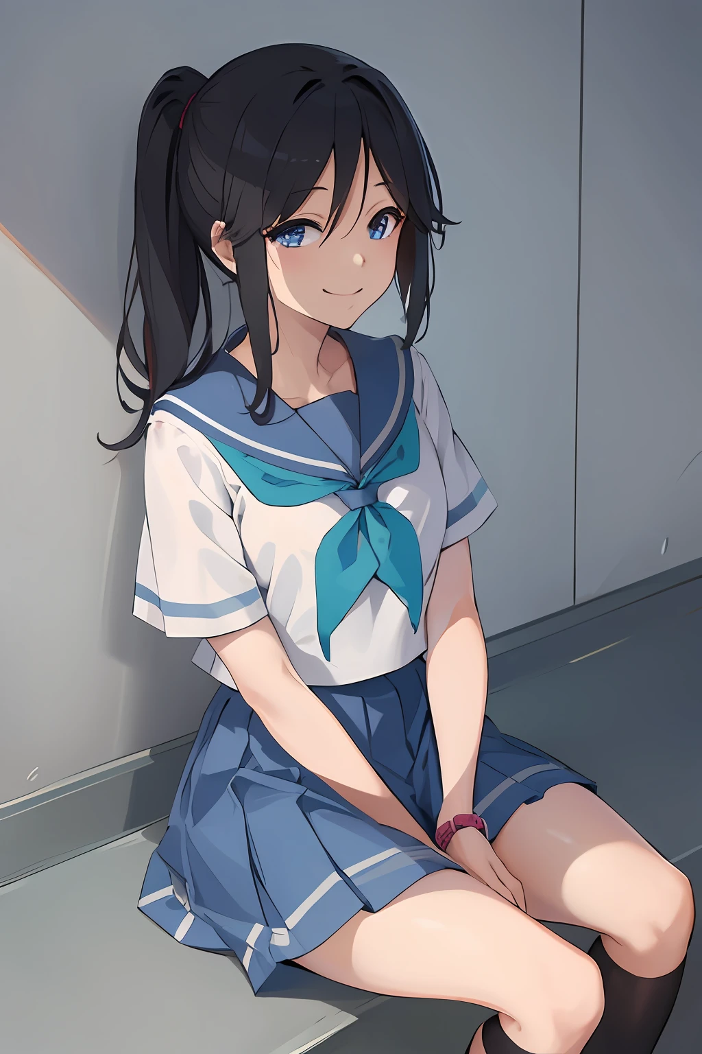 masterpiece, best quality, highres, nozomi1, 1girl, kasaki nozomi, solo, ((pussy)), school uniform, blue eyes, black socks, ponytail, sailor collar, blue skirt, black hair, blue sailor collar, pleated skirt, blue neckerchief, short sleeves, long hair, white shirt, kneehighs, wristwatch, bangs, BREAK low angle,sitting, no_panties, vulva, smile,