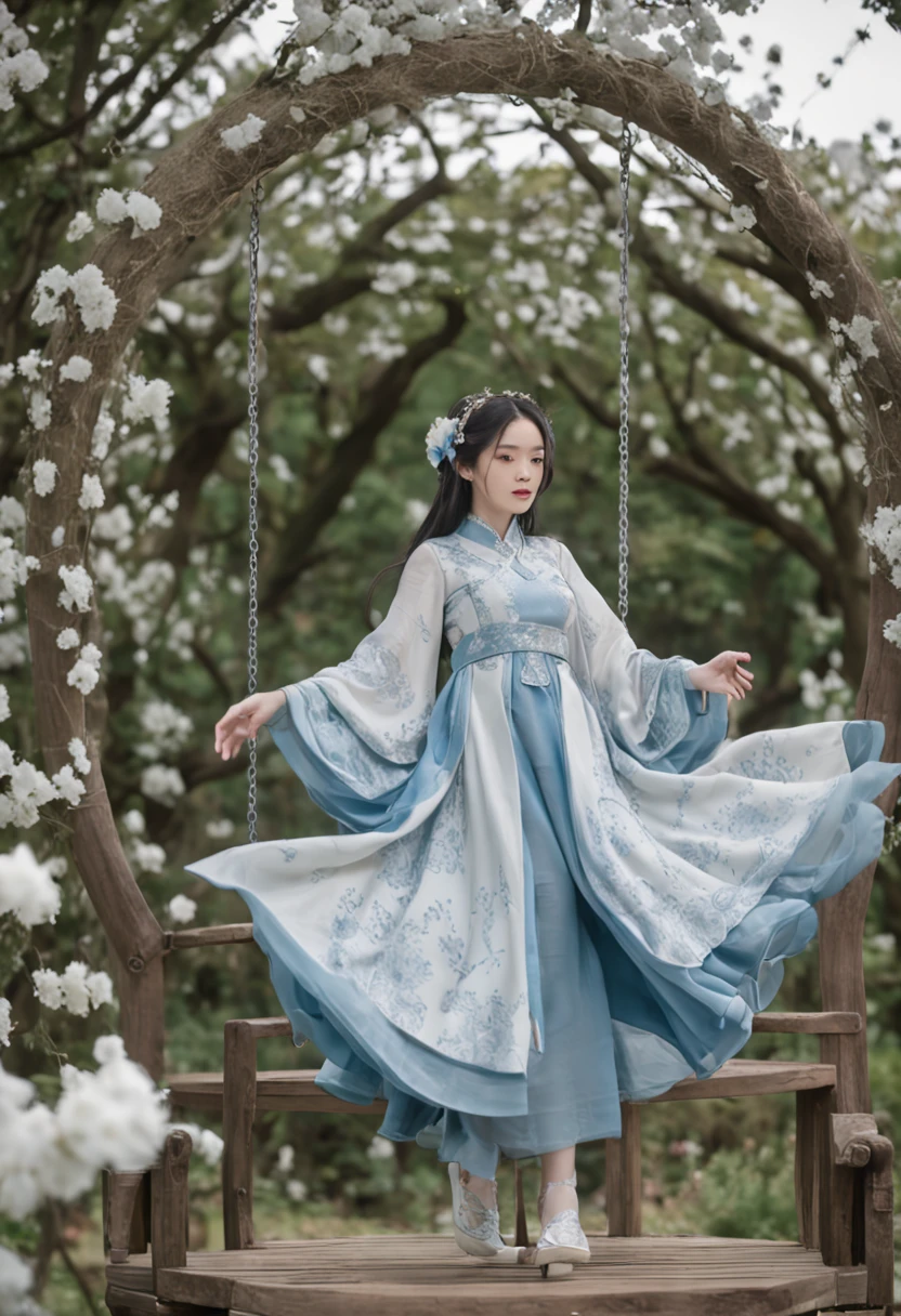 (in a panoramic view,Whole body diagram:1.5),(1 delicate girl playing on the swing),(Vine swing,Anime girl with blue hair and white dress with flower crown,palaces,hanfugirl),(Guviz-style artwork,Guvitz,inspired by Leng Mei,A beautiful fantasy queen,Inspired by Lee Mei Shu,Popular on CGstation,Inspired by Ai Xuan,Blue and white Hanfu,High heels,a beautiful fantasy empress:1.5),(A flowing dress,conservative girl,cloud goddess,Flowing blue and white patterned fabric,wearing flowing dress,Realistic), (Wind: 1.5),(full bodyesbian:1.5),(senior color matching,gradient backgrounds,white backgrounid)