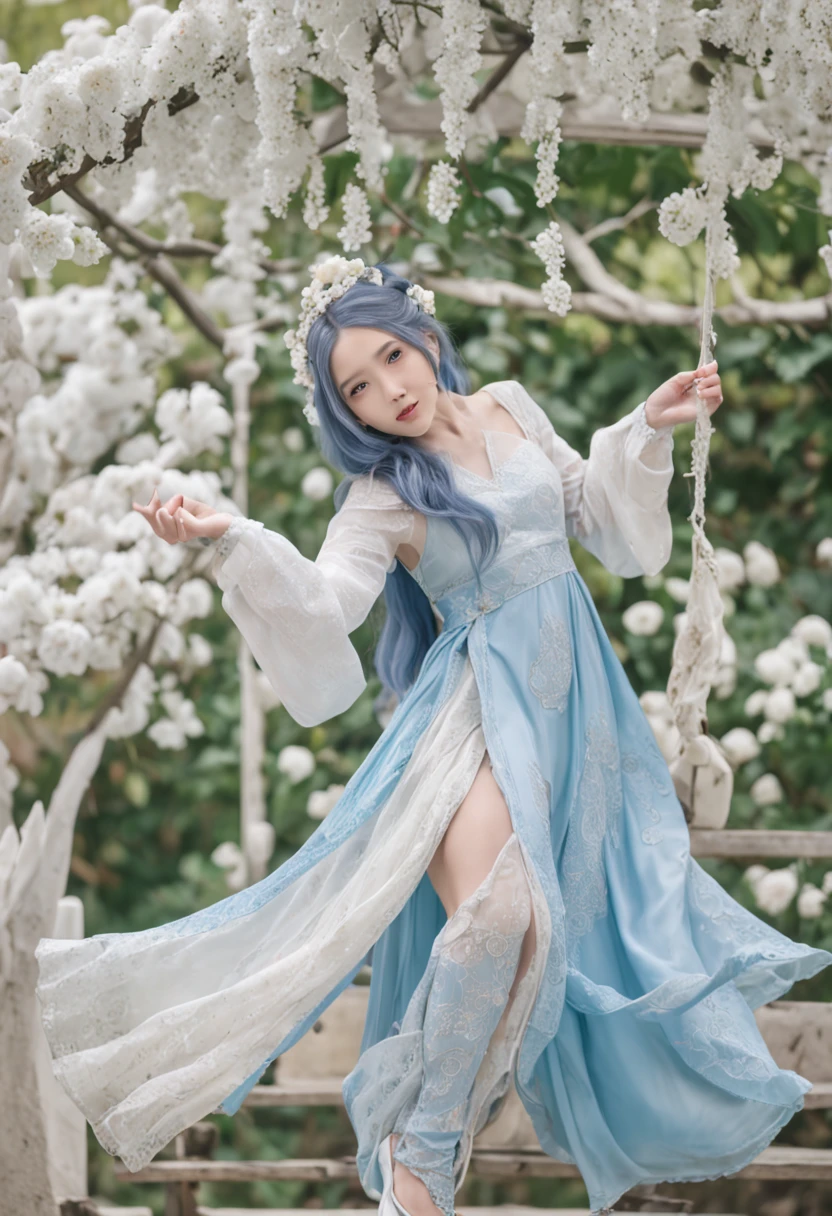 （in a panoramic view，Whole body diagram：1.5），（1 delicate girl playing on the swing），（Vine swing，Anime girl with blue hair and white dress with flower crown，palaces，hanfugirl），（Guviz-style artwork，Guvitz，inspired by Leng Mei，A beautiful fantasy queen，Inspired by Lee Mei Shu，Popular on CGstation，Inspired by Ai Xuan，Blue and white Hanfu，High heels，a beautiful fantasy empress：1.5），（A flowing dress，conservative girl，cloud goddess，Flowing blue and white patterned fabric，wearing flowing dress，Realistic）， (Wind: 1.5)，(full bodyesbian:1.5)，（senior color matching，gradient backgrounds，white backgrounid）